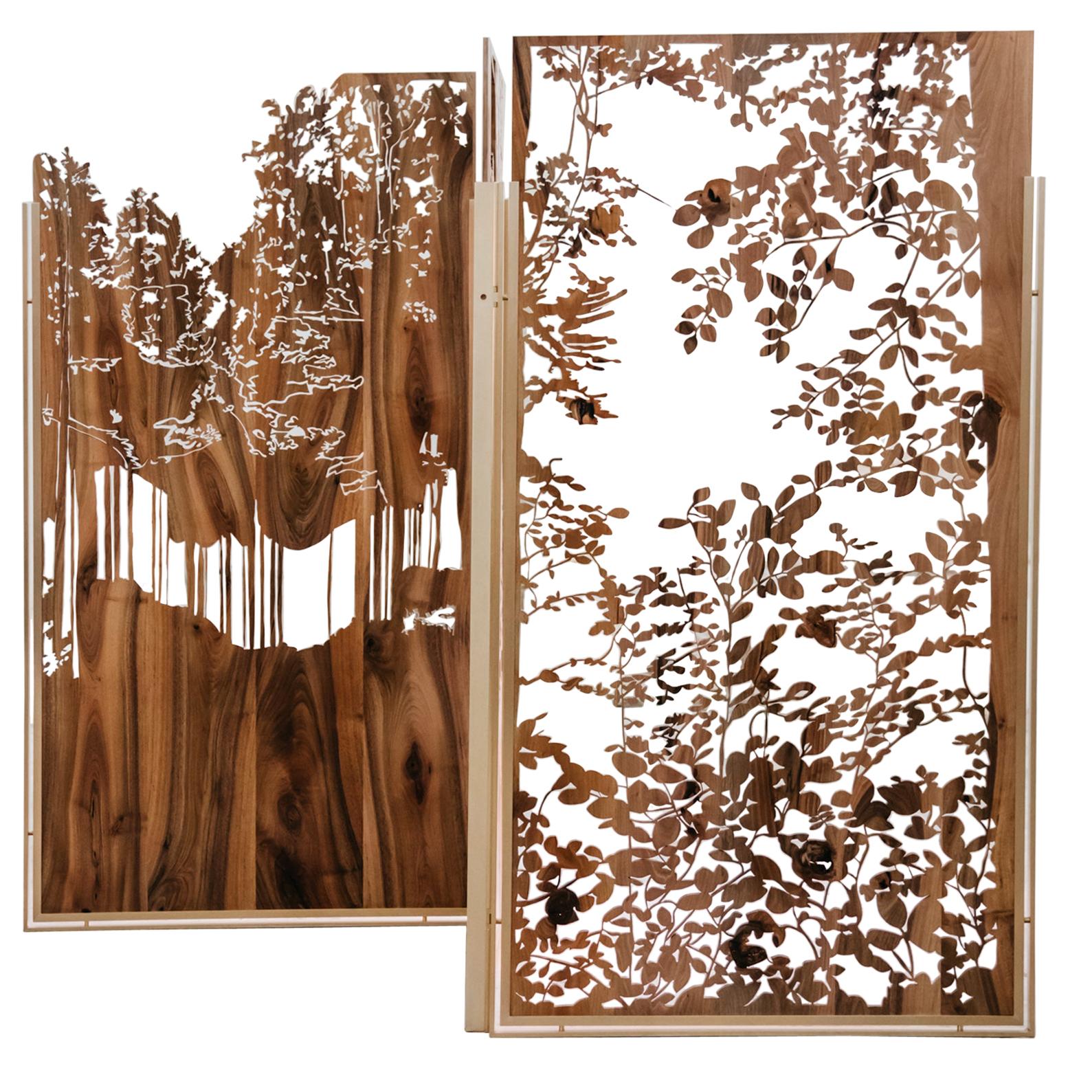 Unique Hand-Sculpted Walnut and Brass Screen by Clothilde Gosset