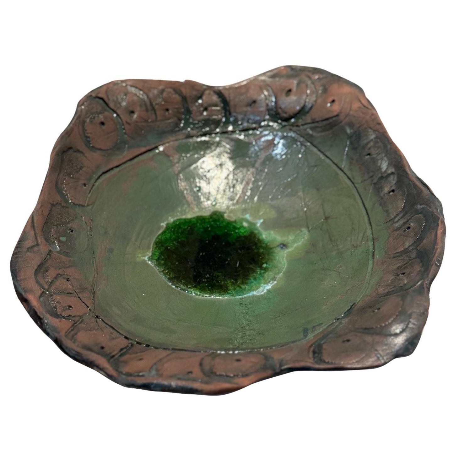 Unique Handcrafted Ceramic Art Bowl with Green Glaze and Sculptural Organic Edge For Sale