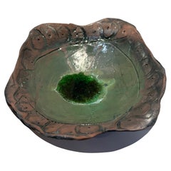 Unique Handcrafted Ceramic Art Bowl with Green Glaze and Sculptural Organic Edge