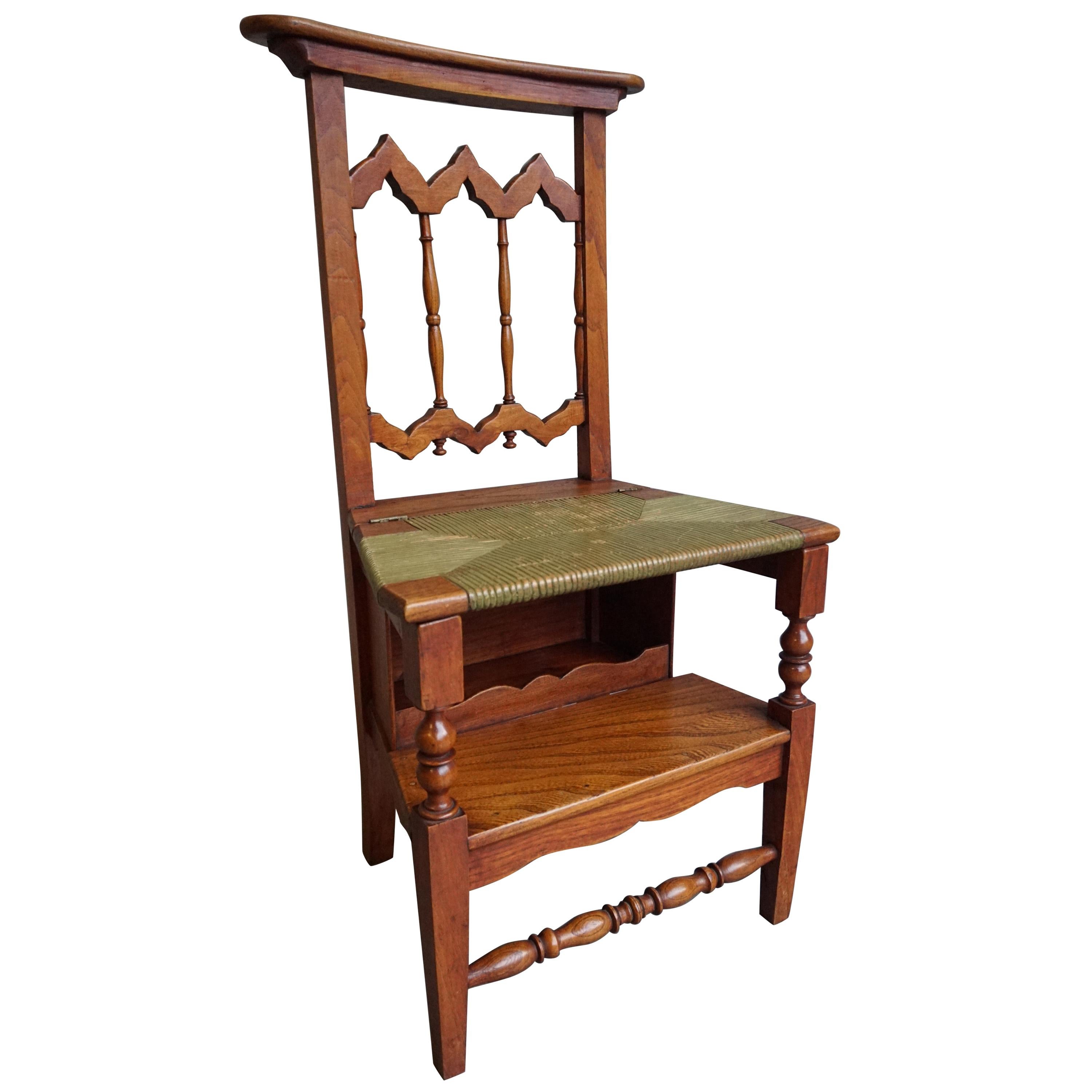 Unique Handcrafted Elmwood Gothic Revival Monastery Library Step / Reading Chair For Sale