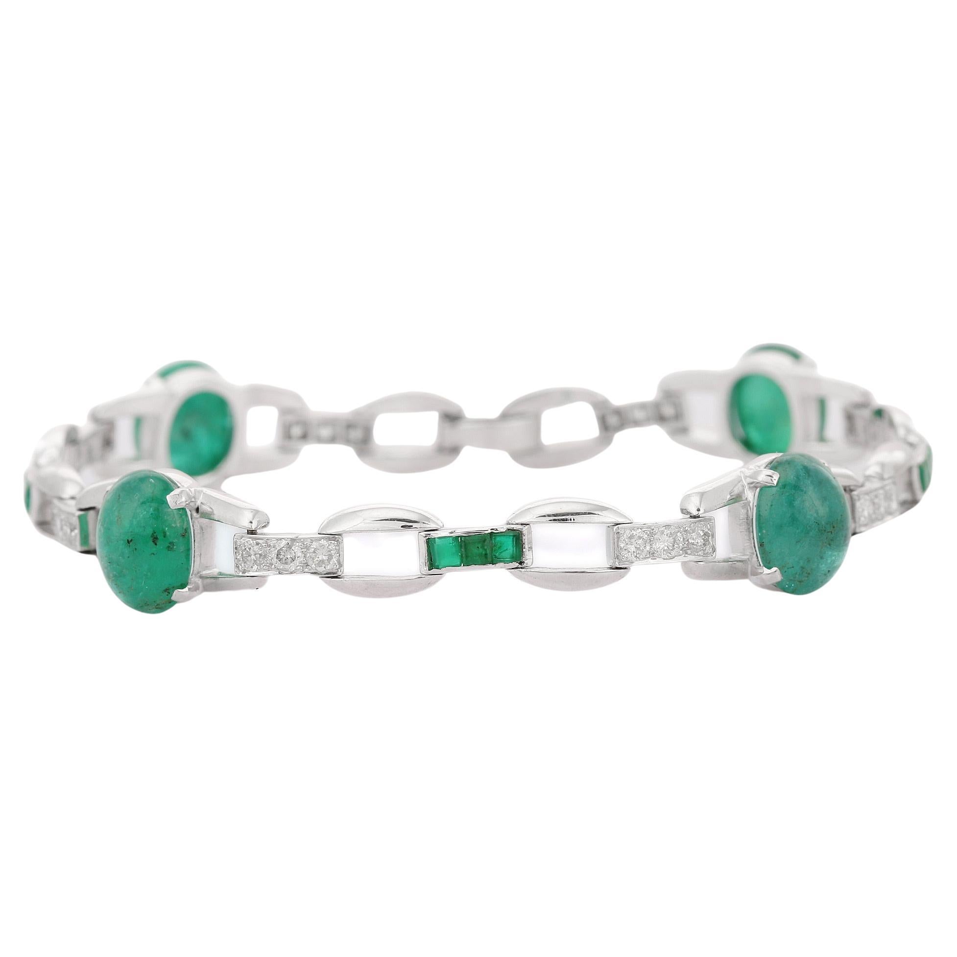 Unique Handcrafted Emerald and Diamond Wedding Bracelet in 18K White Gold 