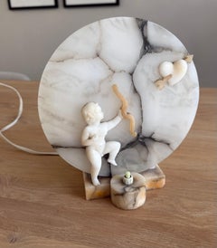 Lámpara de mesa «Cupido» de alabastro, única y hecha a mano, de estilo de mediados de siglo / Lámpara de noche romántica