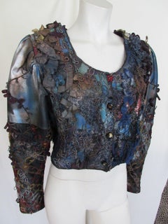 Unique handmade 1980's Black Velvet Blue Leather Embroidered Bolero/Jacket