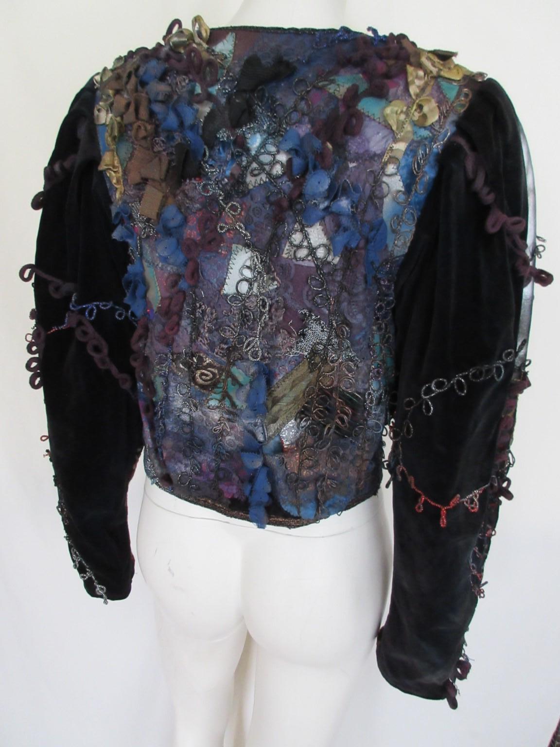 Unique handmade 1980's Black Velvet Blue Leather Embroidered Bolero/Jacket For Sale 2