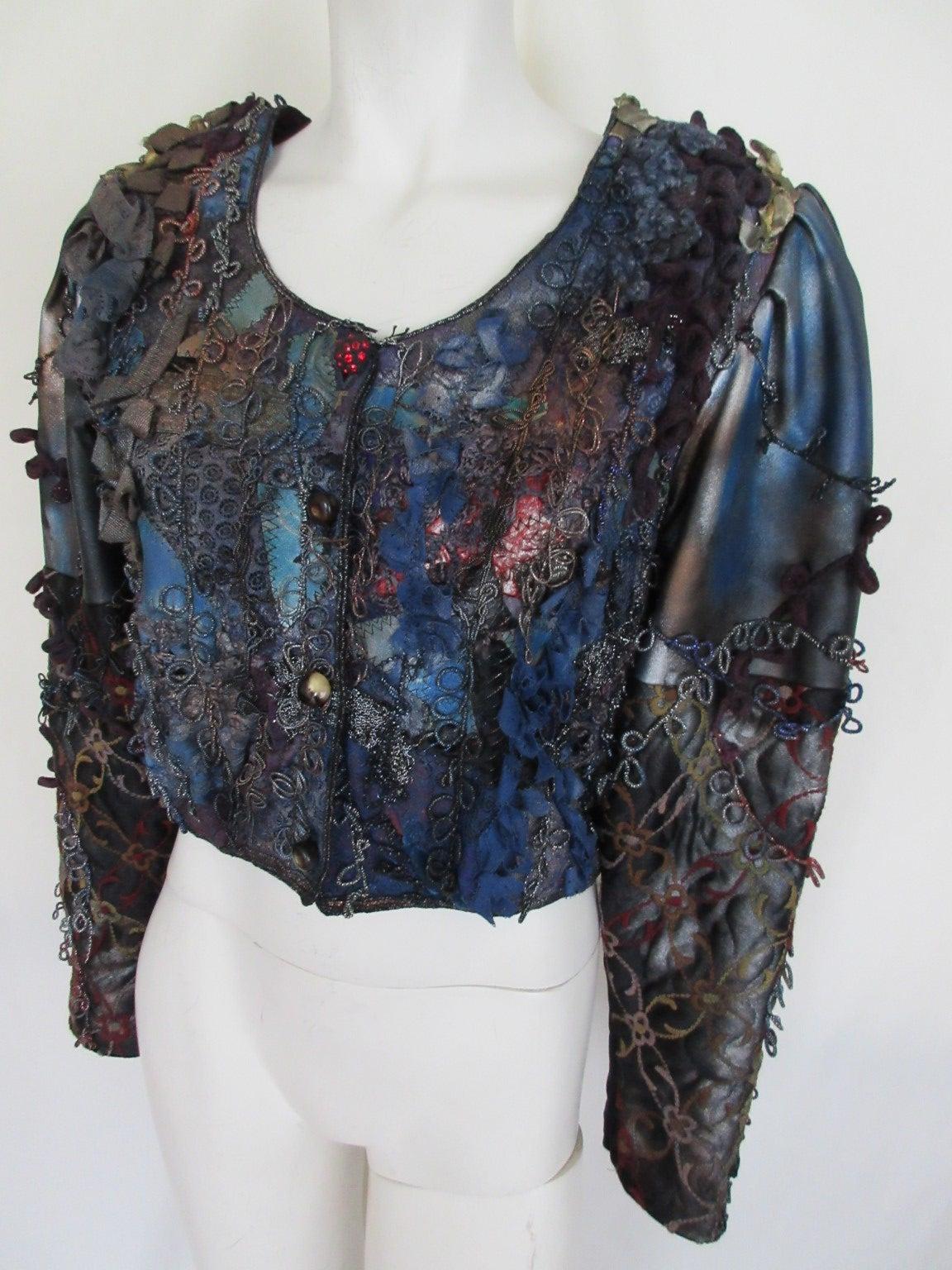 Unique handmade 1980's Black Velvet Blue Leather Embroidered Bolero/Jacket