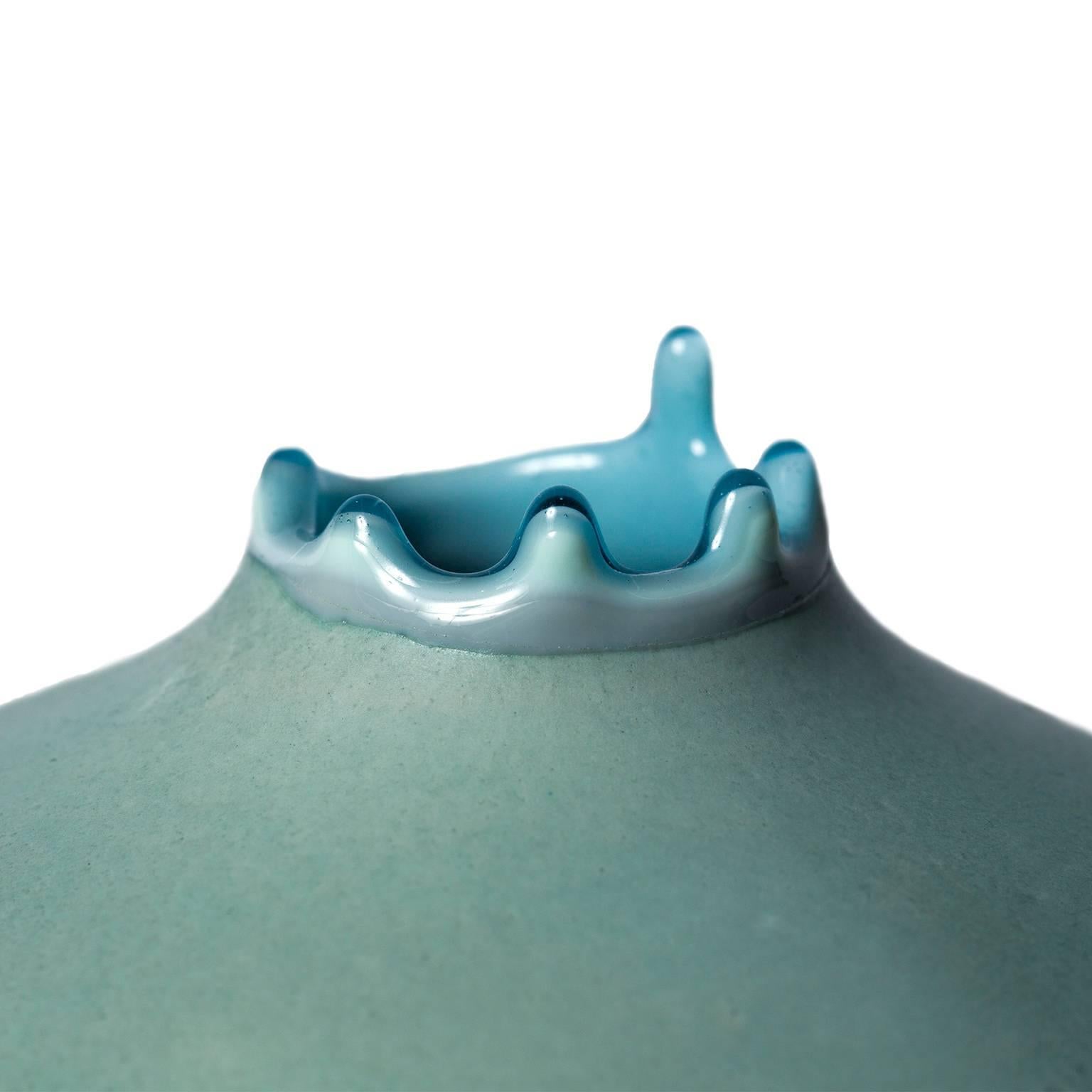 American Unique Handmade 21st Century Glass Green and Sage Gray Dip-Dyed Round Vase For Sale