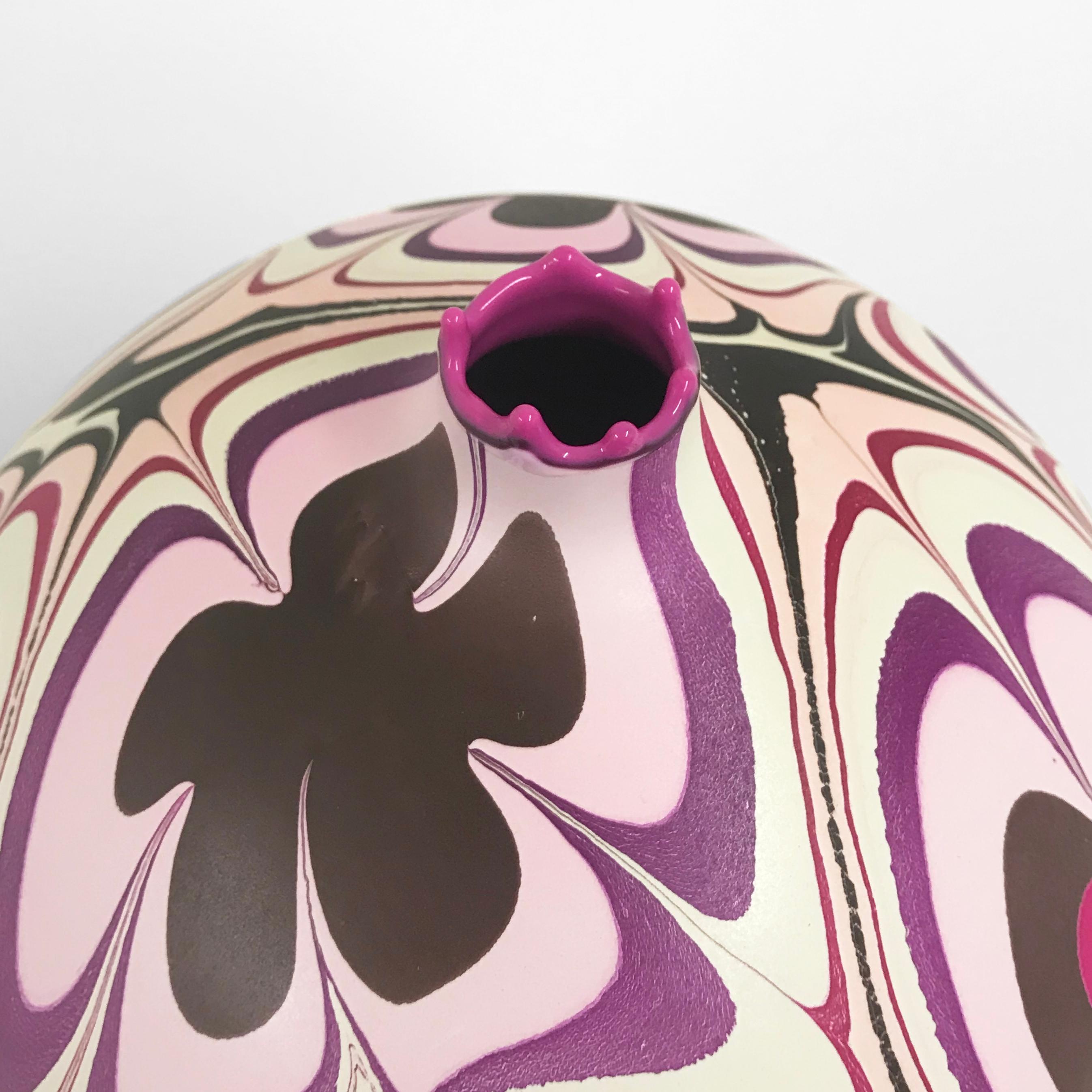 Organic Modern Unique Handmade 21st Century Medium Round Marbled Vase in Pink by Elyse Graham For Sale