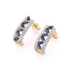 Unique Handmade Blue Sapphire & Diamond Stud Earrings in 14K Yellow Gold Jewelry