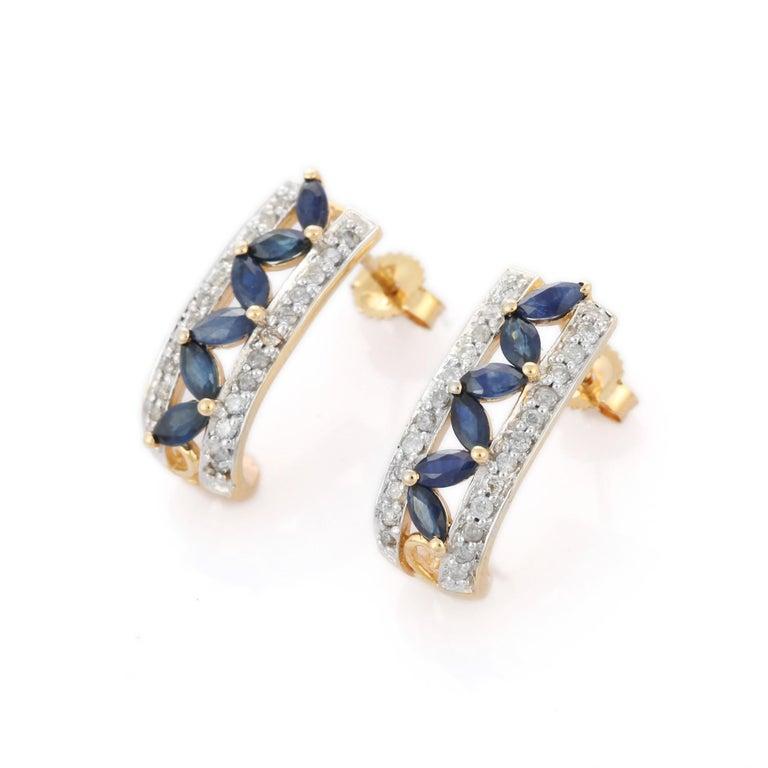 Clous d'oreilles uniques en or jaune 14 carats avec saphirs bleus et diamants, fabriqués à la main Pour femmes en vente