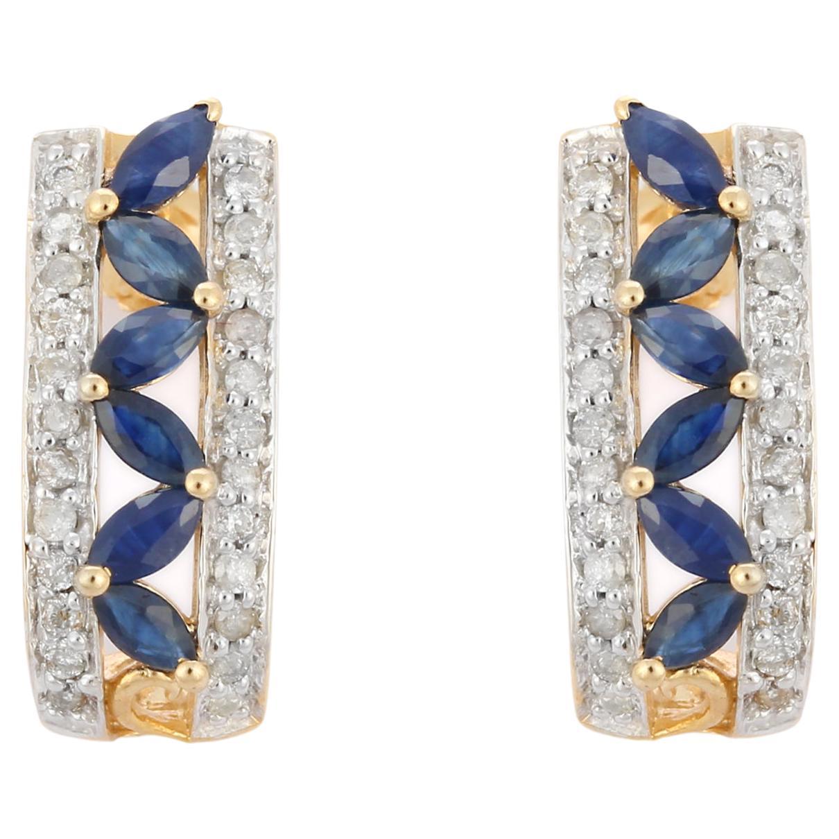 Unique Handmade Blue Sapphire and Diamond Stud Earrings in 14K Yellow Gold