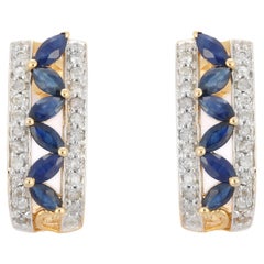 Unique Handmade Blue Sapphire and Diamond Stud Earrings in 14K Yellow Gold