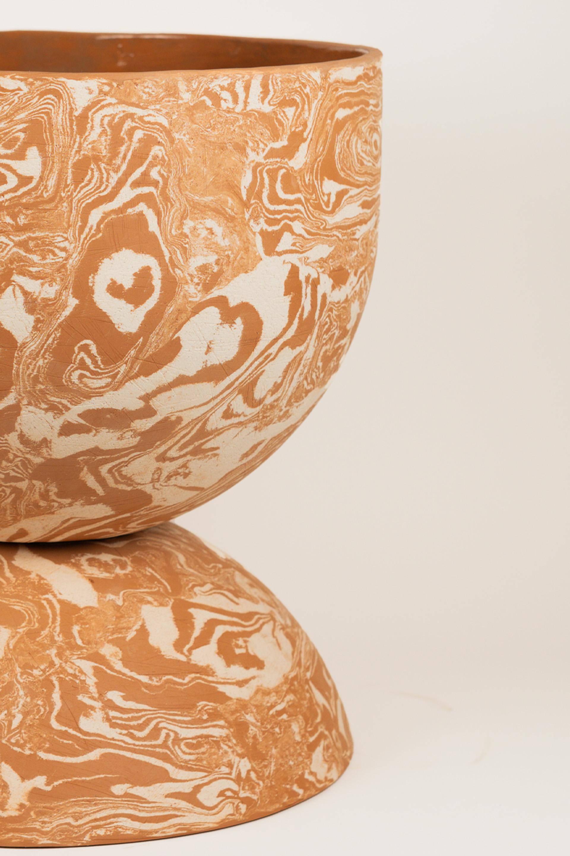 Fired Unique handmade Chubby Planter in marbled white and terracotta clay For Sale