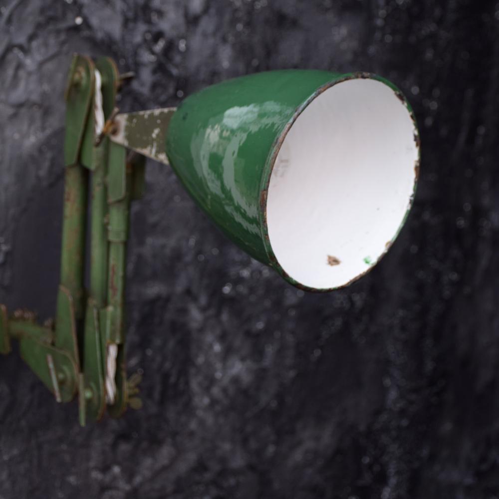 Hand-Crafted Unique Handmade English Mechanics Enamel Green Industrial Articulated Lamp For Sale