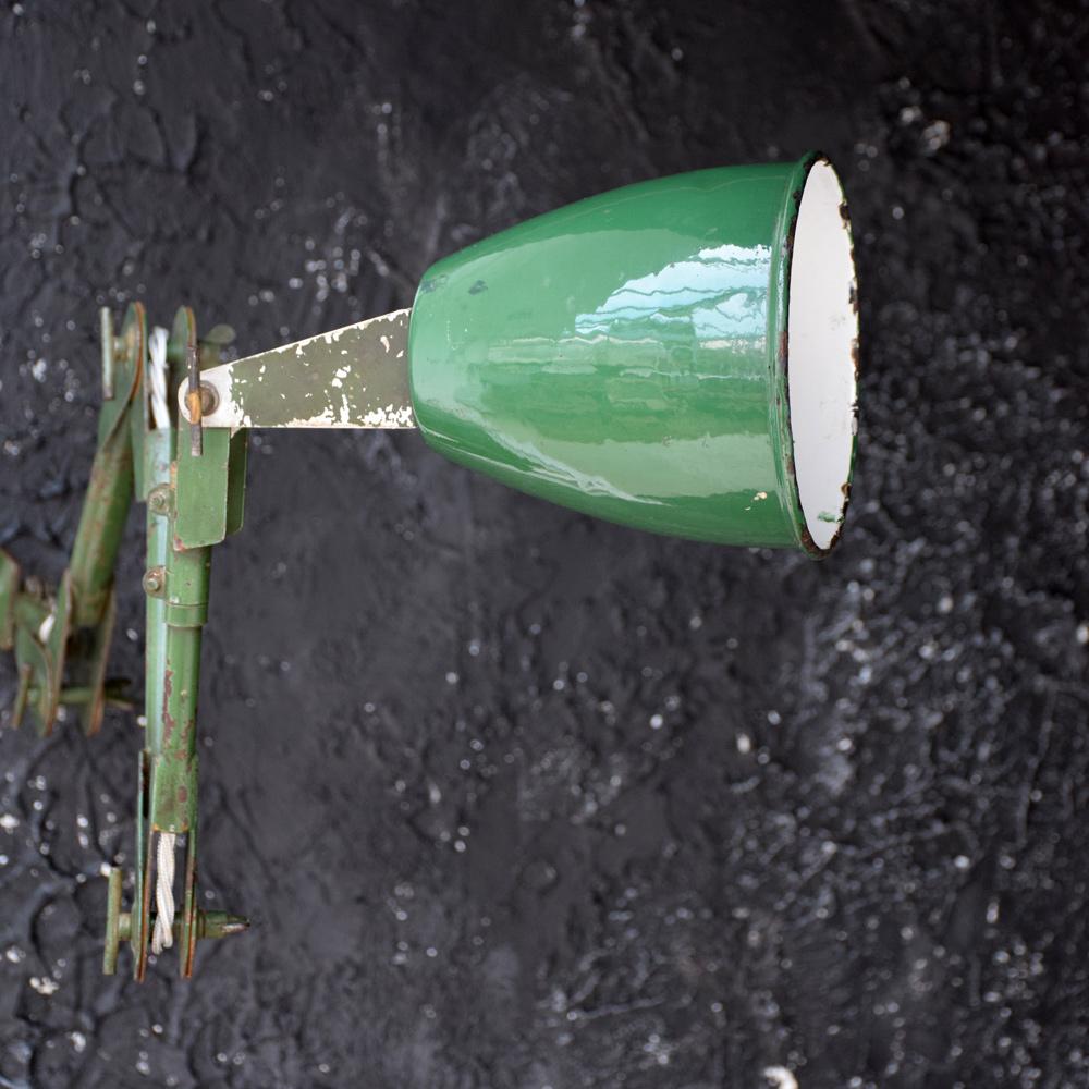 Mid-20th Century Unique Handmade English Mechanics Enamel Green Industrial Articulated Lamp For Sale