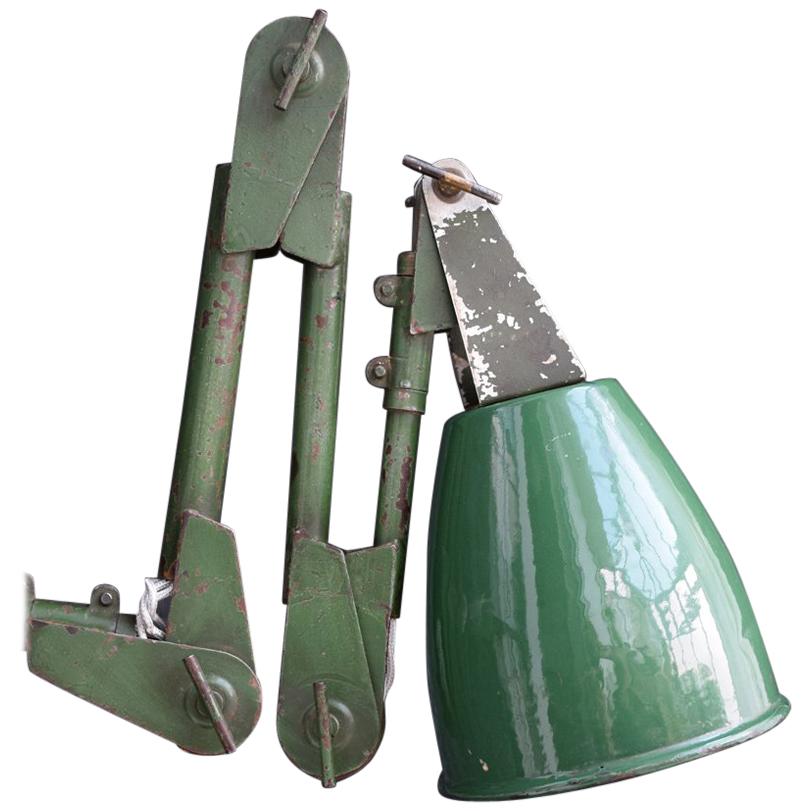 Unique Handmade English Mechanics Enamel Green Industrial Articulated Lamp For Sale
