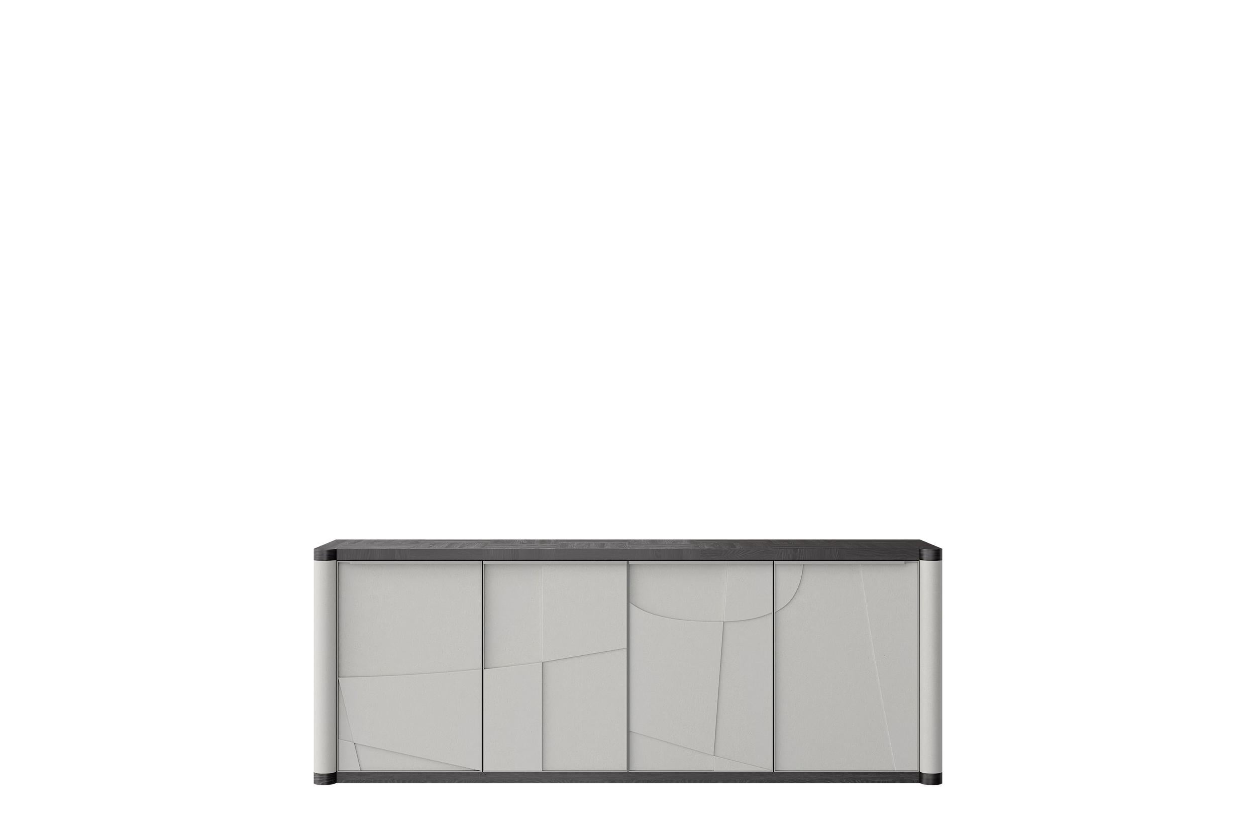 Unique, Handmade Lacquered and Black Oak Ariadne Sideboard by Ultramobili
Dimensions:  W 220 x D 59 x H 82 cm
Materials: Lacquered finish and Black Oak top and plinth.

Storage unit with four bas-relief doors. Particular hand-made finish with black