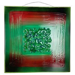 unique Fait main Grande plaque murale en métal émaillé "GREEN" de 40x40cm, Allemagne de l'Ouest, années 1980