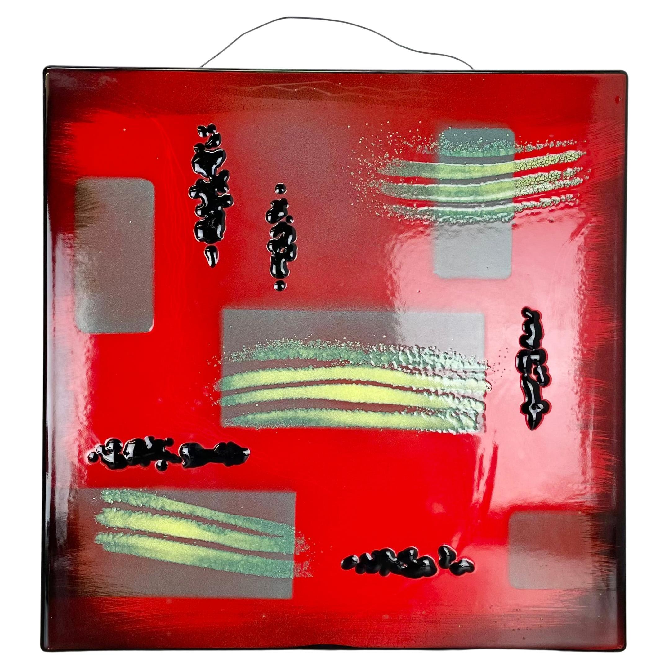 Plaque murale en métal émaillé "RED", 40x40cm, unique, faite à la main, Allemagne de l'Ouest, années 1980