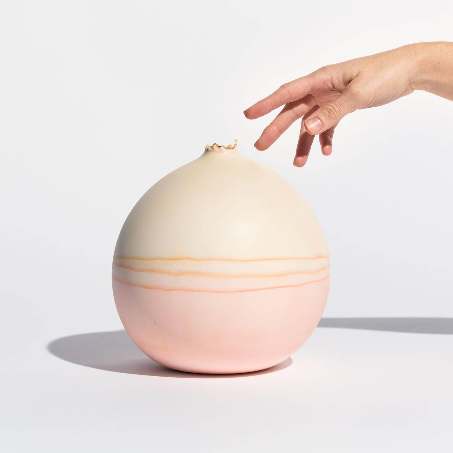 American Unique Handmade Medium Round Landscape Vase in Bone and Peach For Sale
