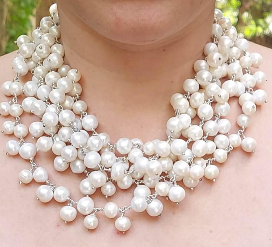 Modernist Unique Handmade Silver and Pearl Necklace For Sale