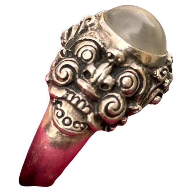 Unique Handmade Sterling Silver Moonstone Ring with Kirtimukha Face