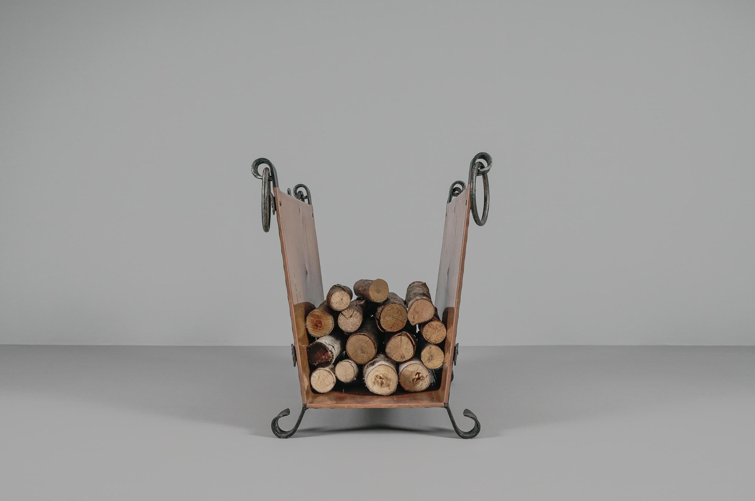 Unique Handmade Wrought Iron and Copper Firewood Holder, 1970s, Italy 1