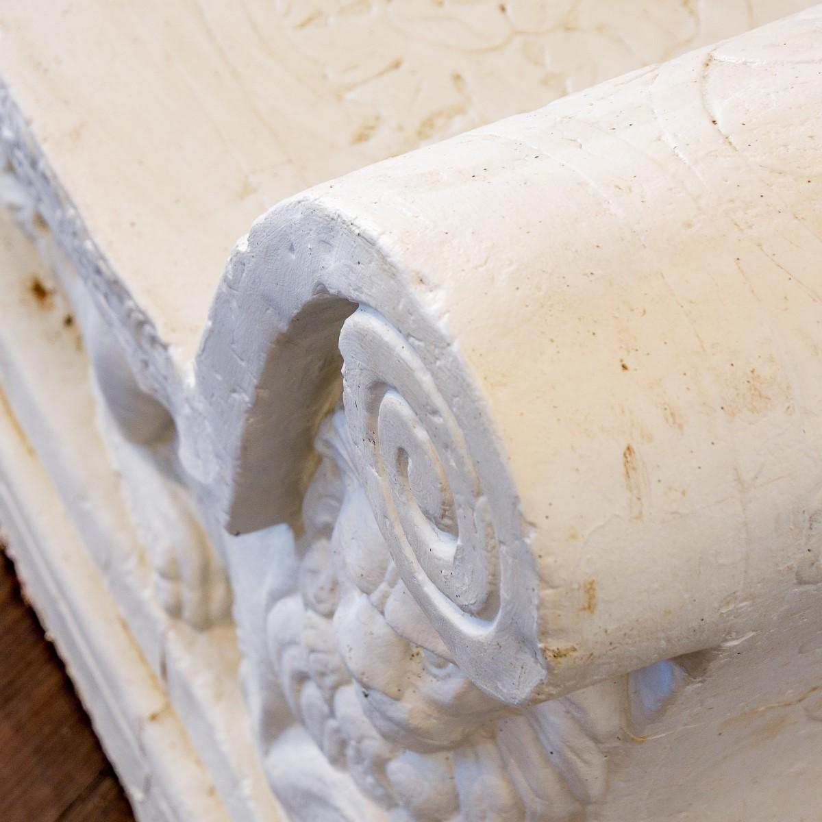 A plaster maquette of an original 18th century Italian marble bench with recumbant lions and floral carvings to the seat, complete with scrolling arms.

for interior use.