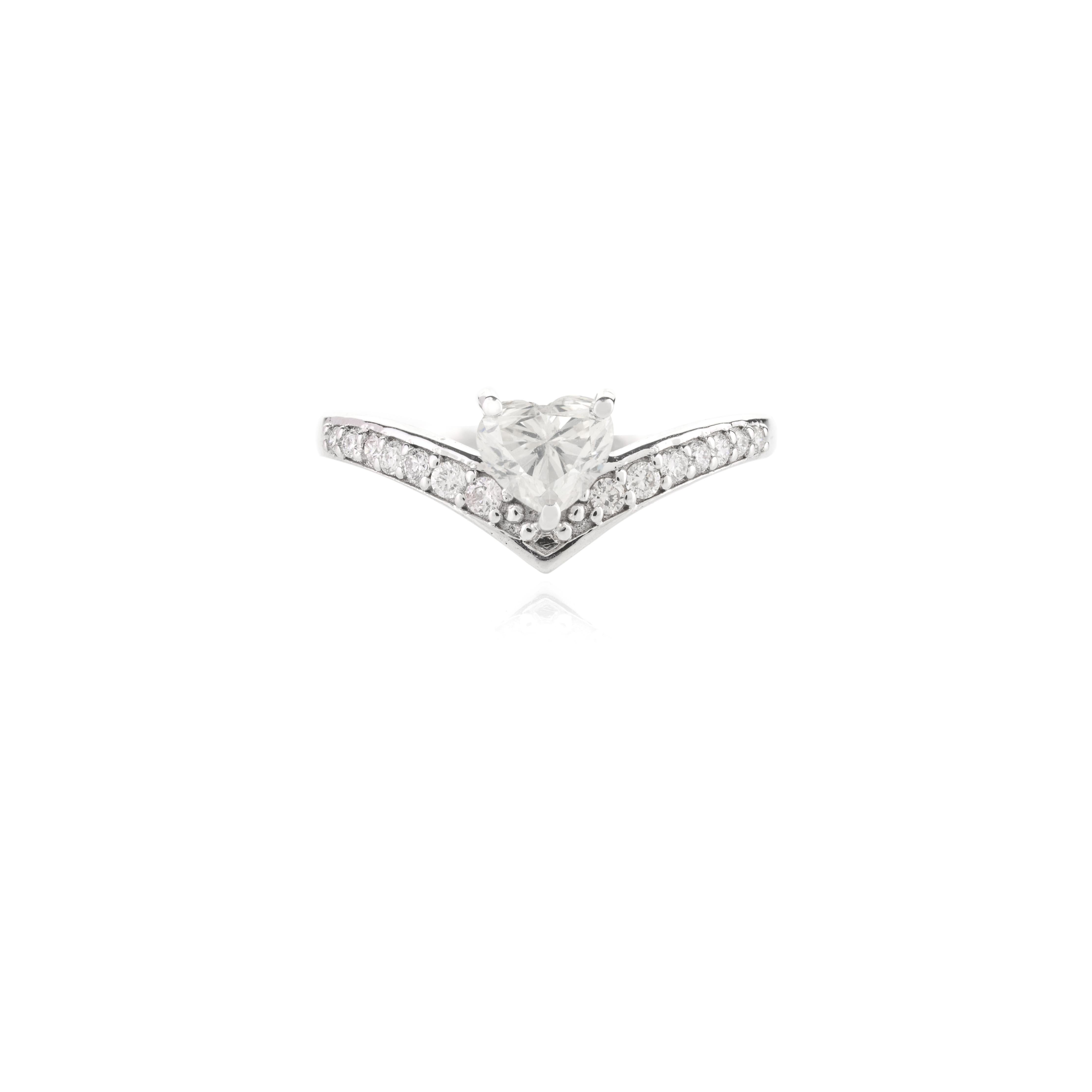 For Sale:  Brilliant Diamond Heart Chevron Engagement Ring in 18k Solid White Gold  7