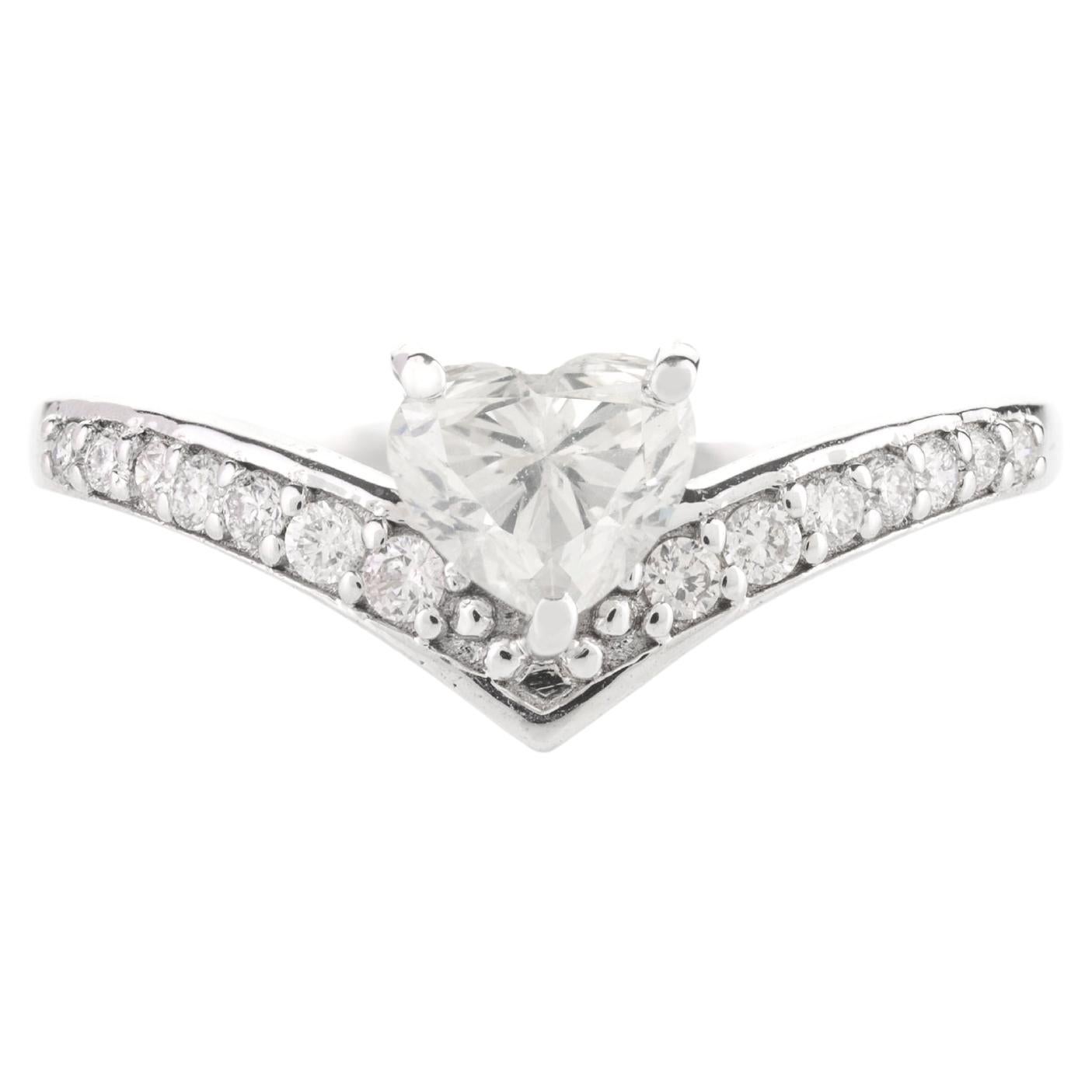 Brilliant Diamond Heart Chevron Engagement Ring in 18k Solid White Gold 
