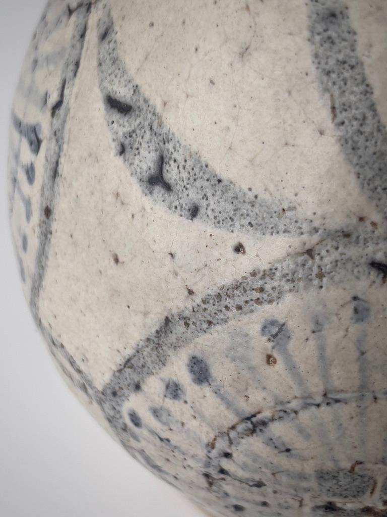 Unique heavy danish stoneware vase with beige glaze and faded blue decoration. For Sale 2