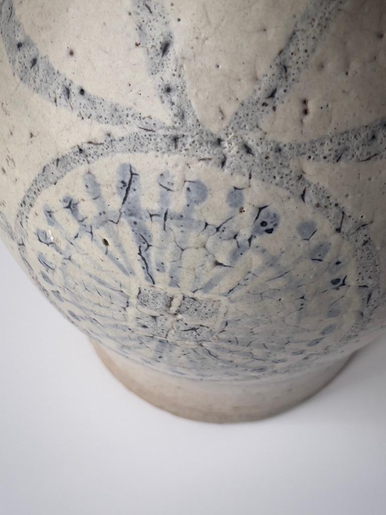 Unique heavy danish stoneware vase with beige glaze and faded blue decoration. For Sale 3