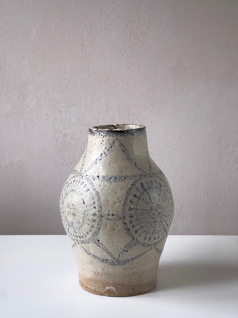 Danish Unique heavy danish stoneware vase with beige glaze and faded blue decoration. For Sale