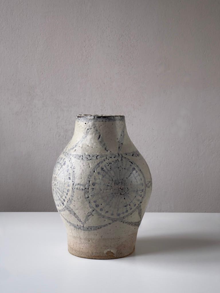 Mid-20th Century Unique heavy danish stoneware vase with beige glaze and faded blue decoration. For Sale
