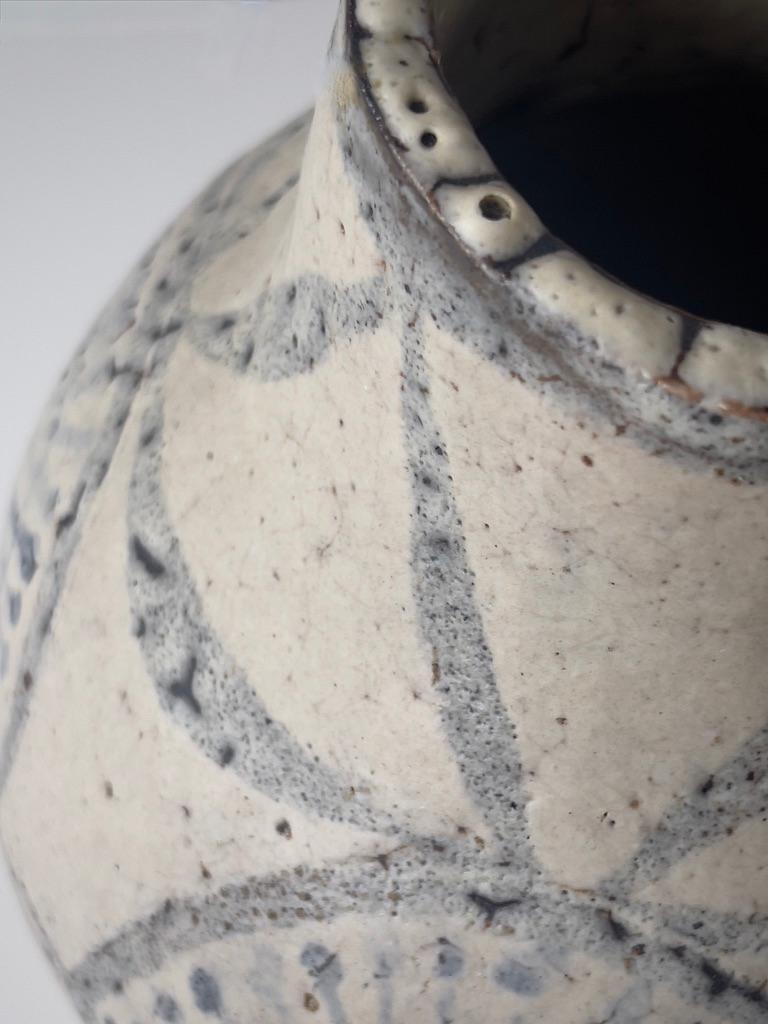 Unique heavy danish stoneware vase with beige glaze and faded blue decoration. For Sale 1