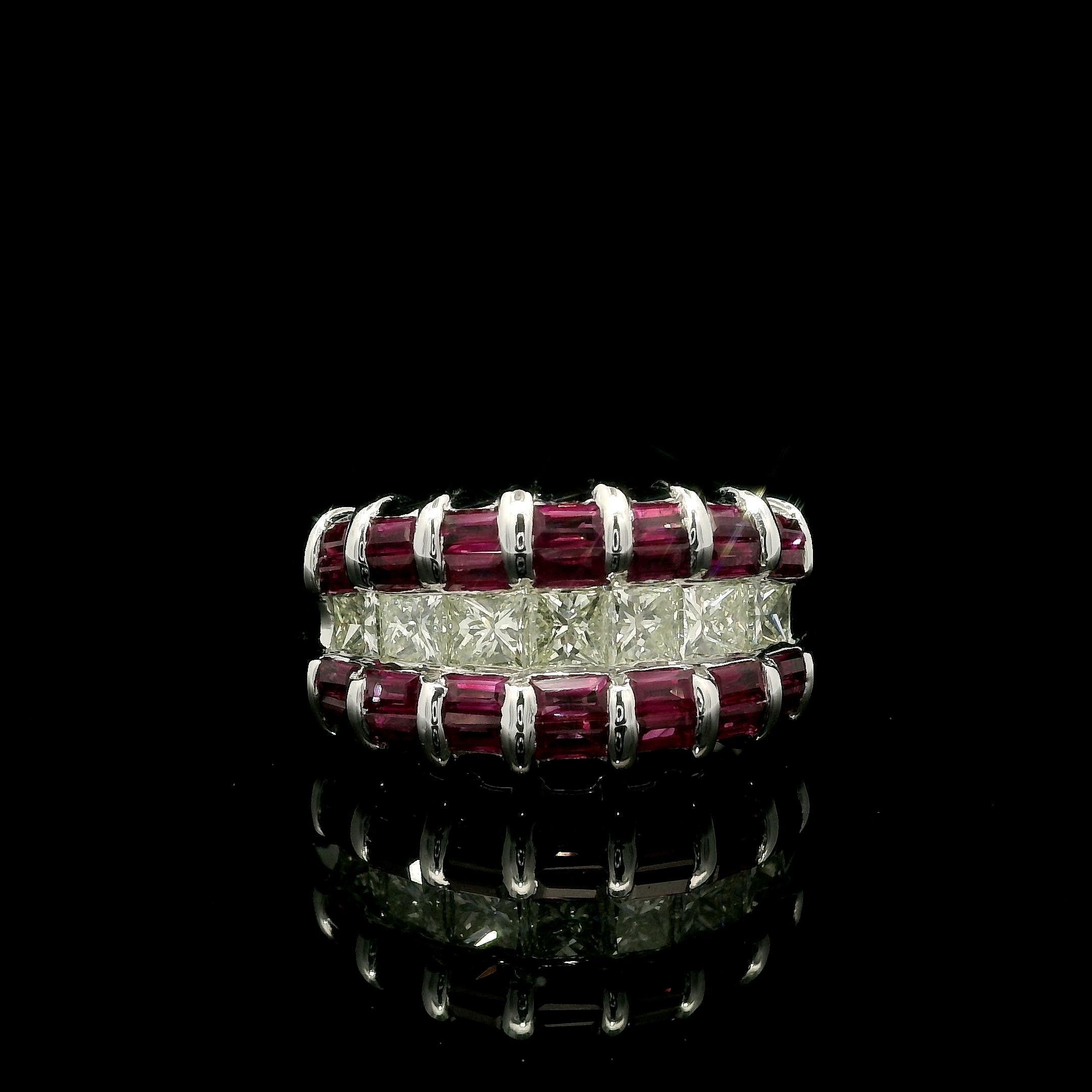 Women's Unique Heavy Platinum 2.34ctw Baguette Ruby & Yellow Diamond Wide Band Ring For Sale