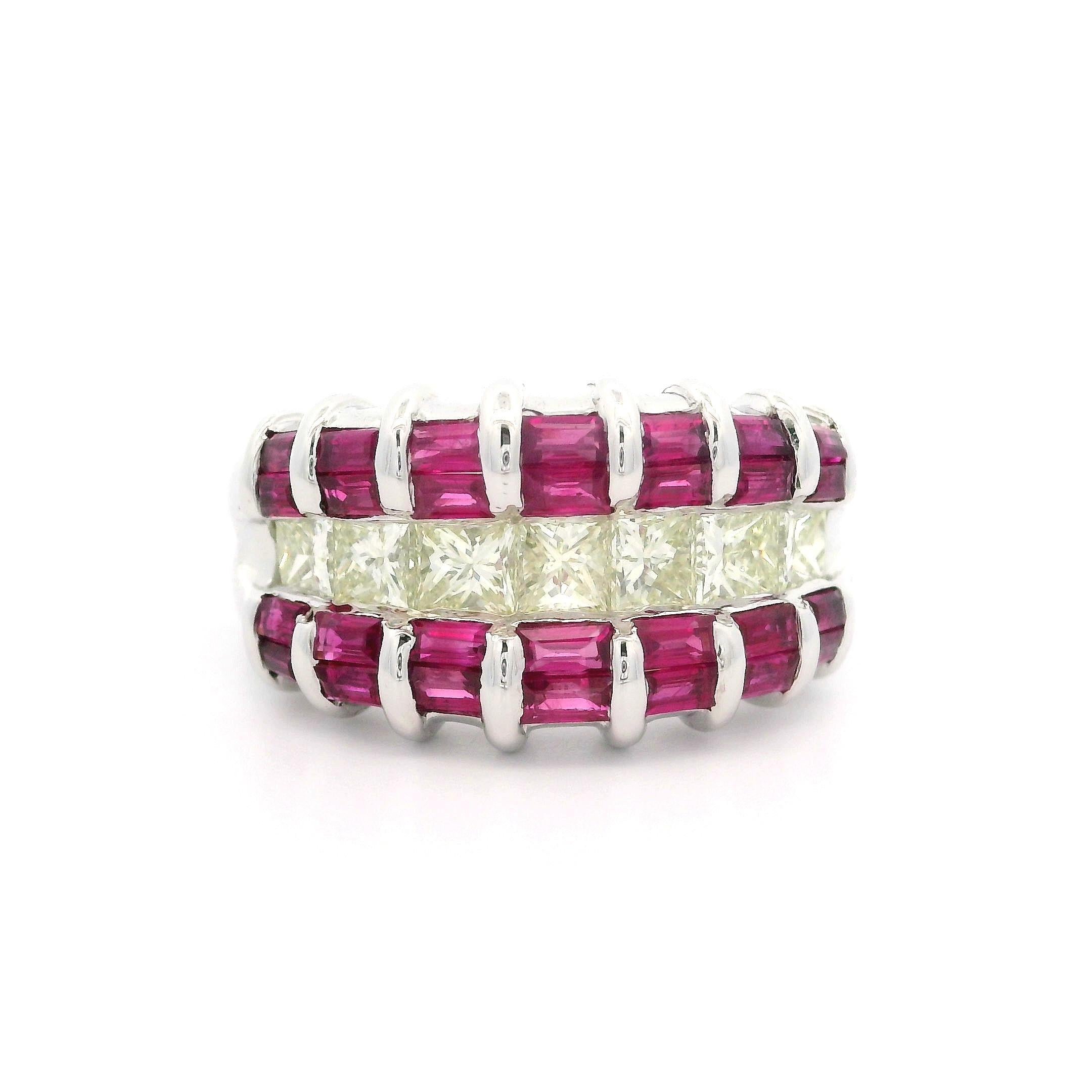 Unique Heavy Platinum 2.34ctw Baguette Ruby & Yellow Diamond Wide Band Ring For Sale 1