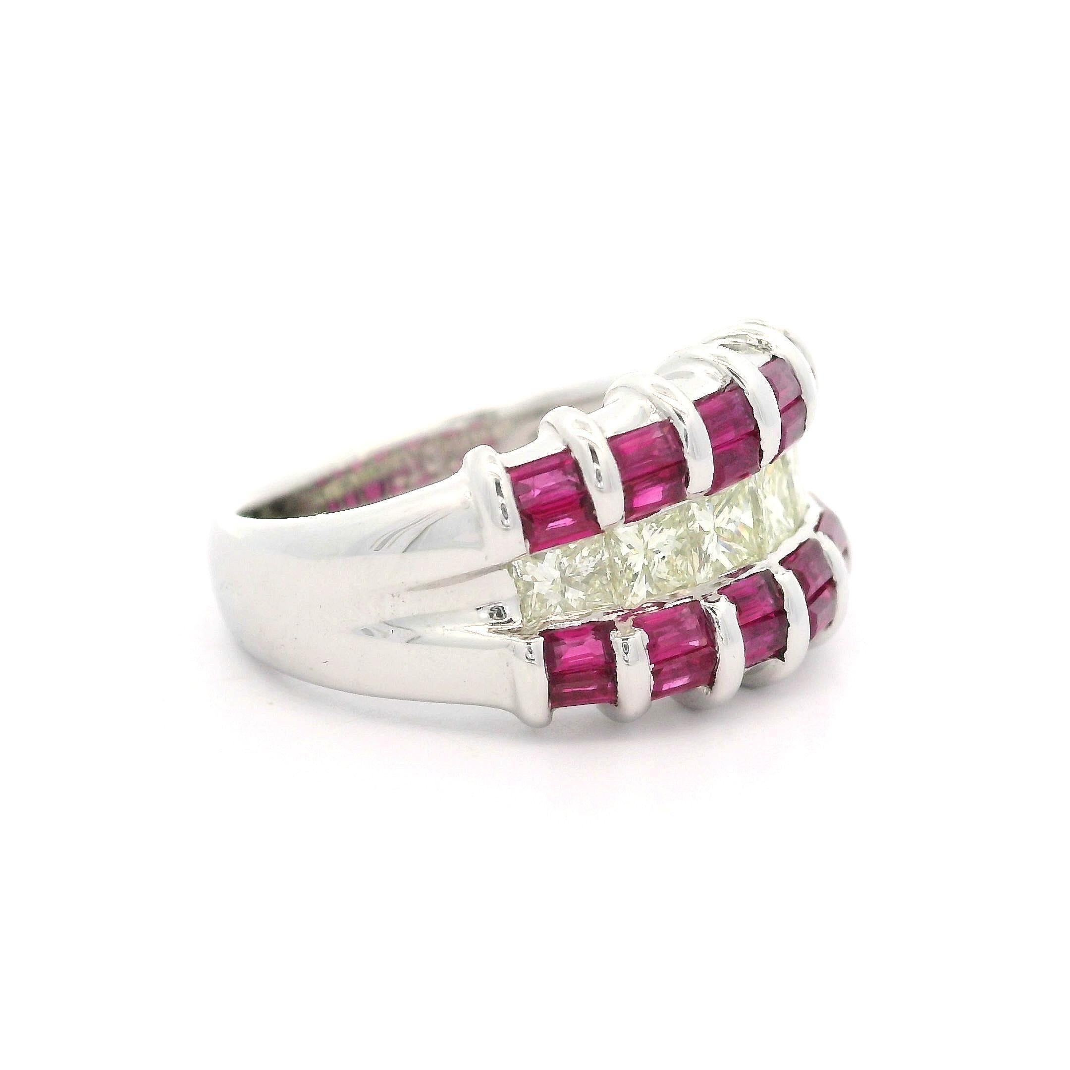 Unique Heavy Platinum 2.34ctw Baguette Ruby & Yellow Diamond Wide Band Ring For Sale 2