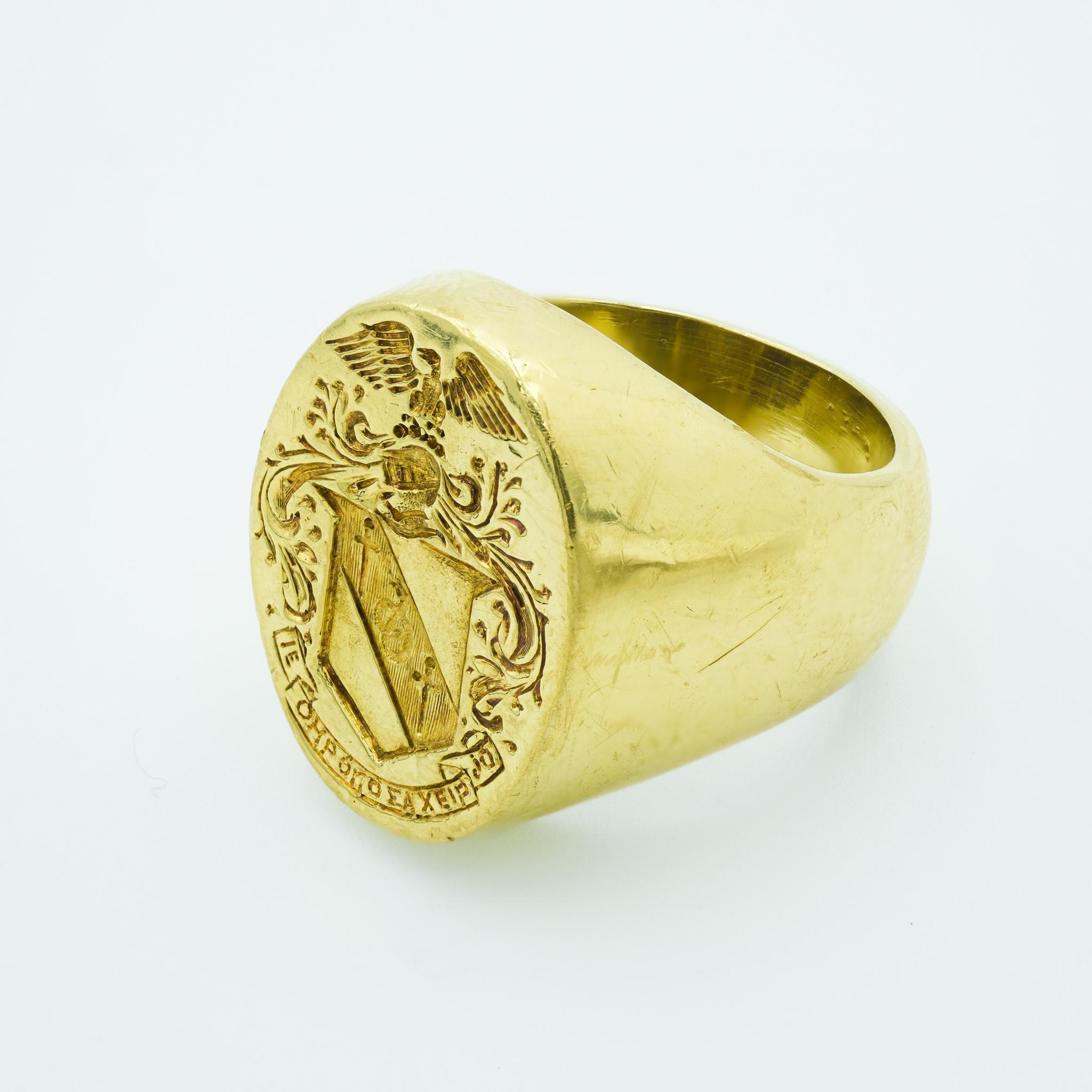 Men's 18 Karat Yellow Gold Heavy Signet Ring w Eagle Crest Sword & Greek Letters In Good Condition In Fairfield, CT