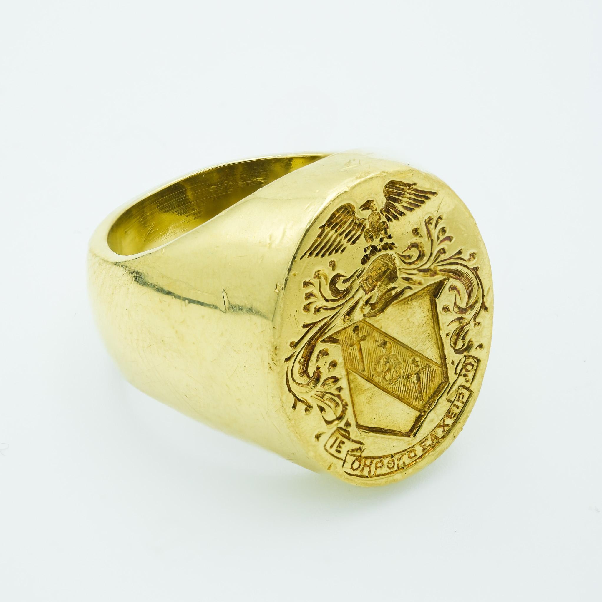 Men's 18 Karat Yellow Gold Heavy Signet Ring w Eagle Crest Sword & Greek Letters 2