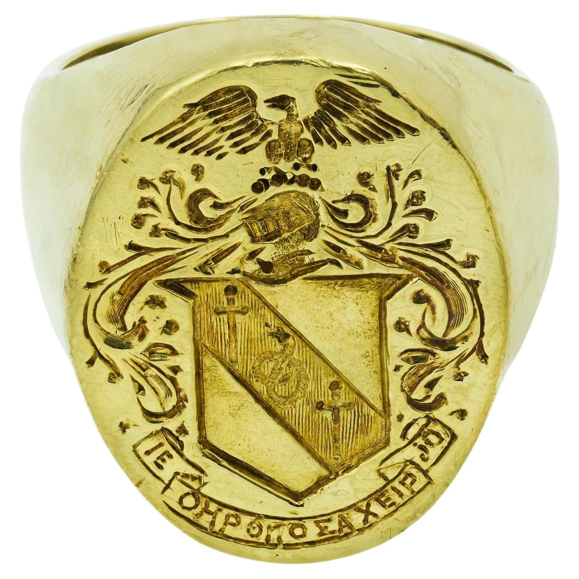 Men's 18 Karat Yellow Gold Heavy Signet Ring w Eagle Crest Sword & Greek Letters