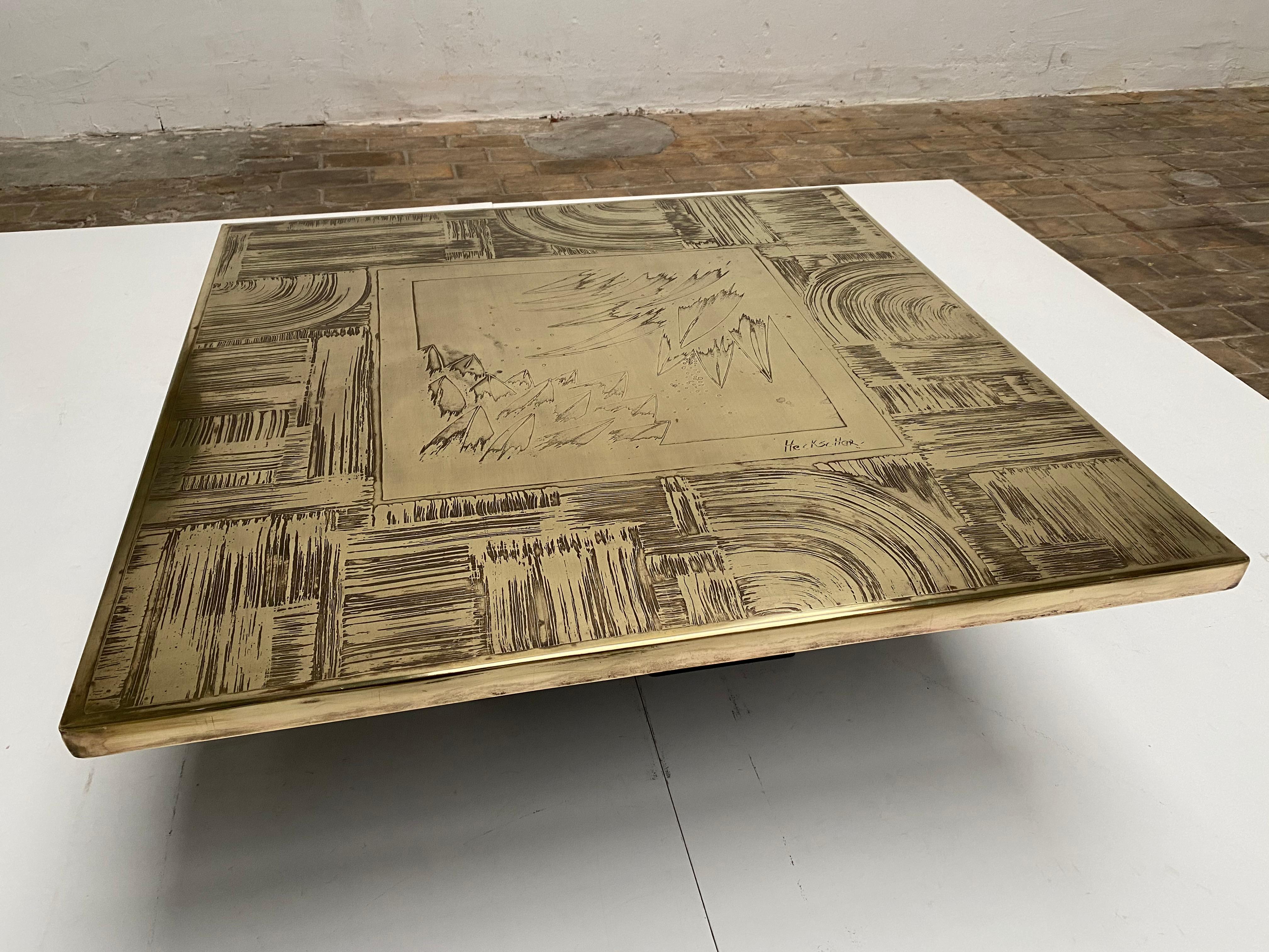 Unique Heckscher Etched Brass Abstract Artisan Made Coffee Table, Belgium 1970's 3