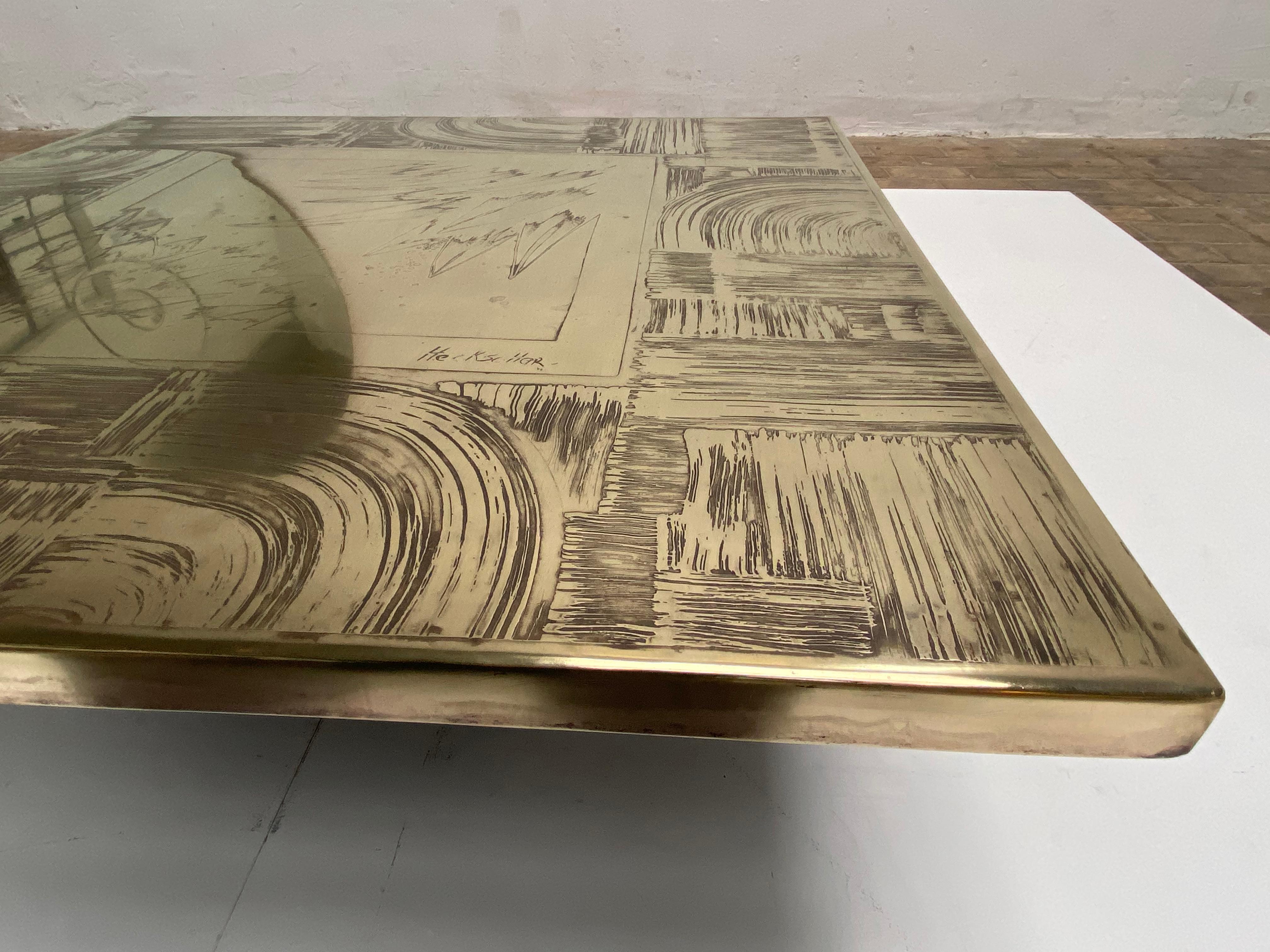 Unique Heckscher Etched Brass Abstract Artisan Made Coffee Table, Belgium 1970's 4