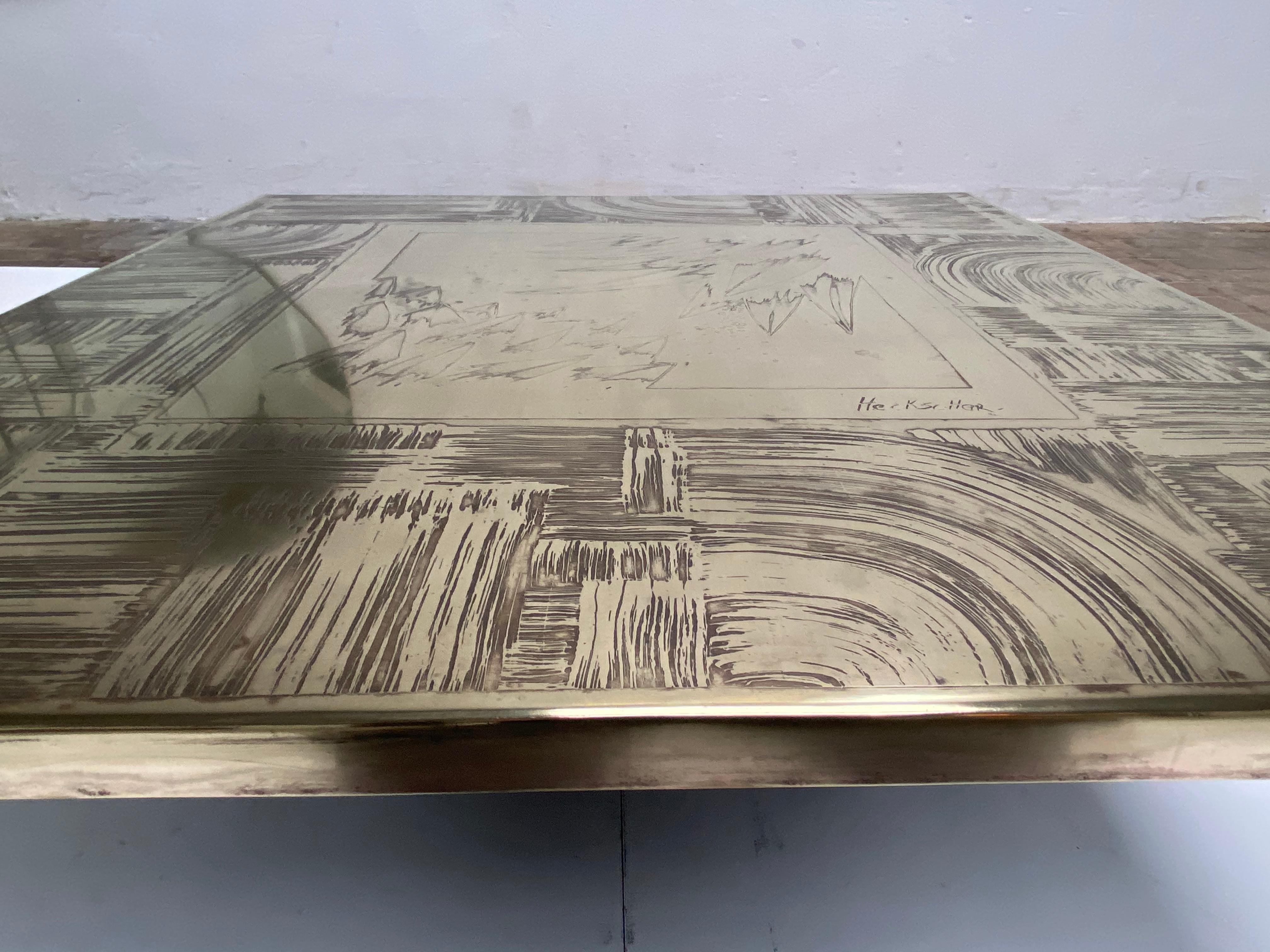 Unique Heckscher Etched Brass Abstract Artisan Made Coffee Table, Belgium 1970's 5