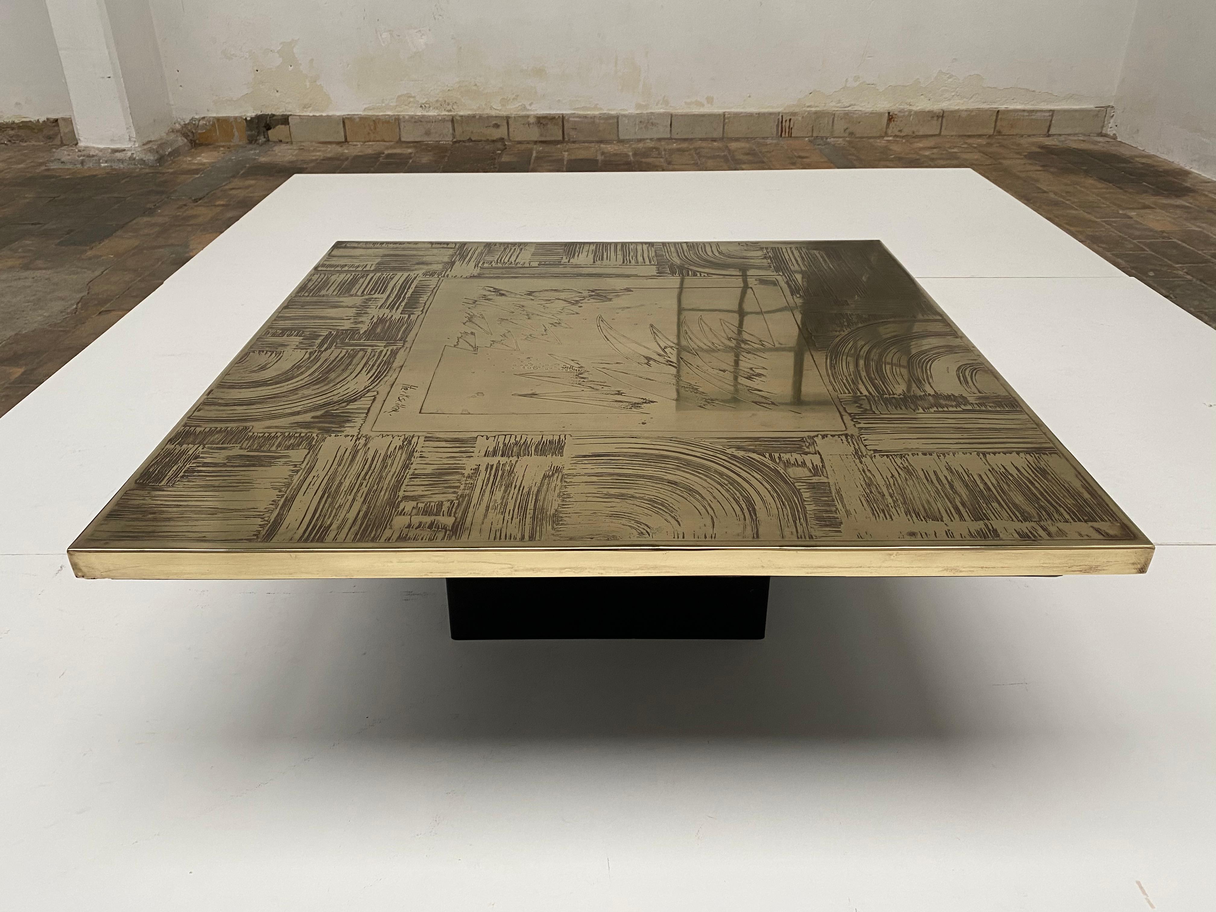 Unique Heckscher Etched Brass Abstract Artisan Made Coffee Table, Belgium 1970's 6