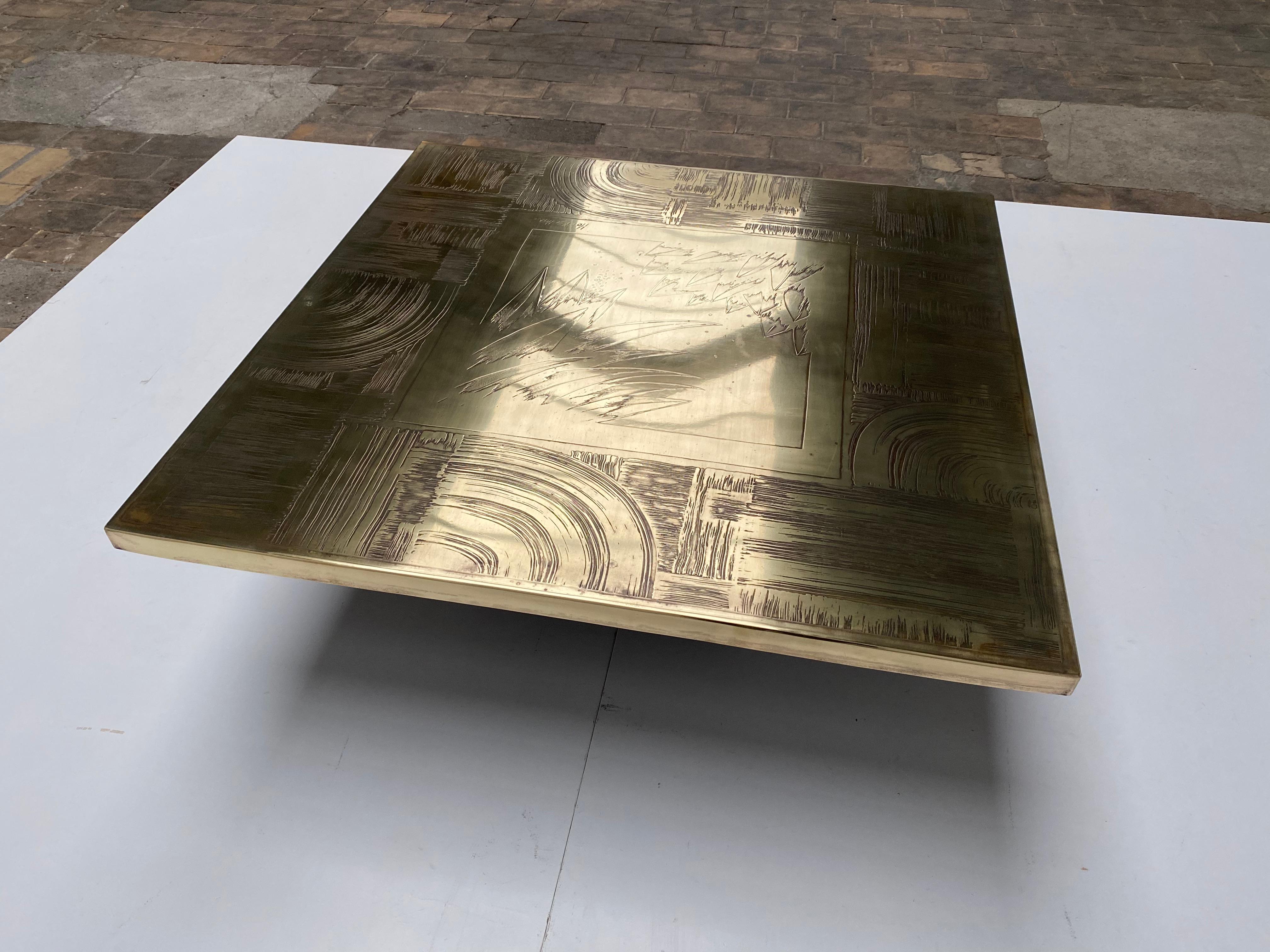 Unique Heckscher Etched Brass Abstract Artisan Made Coffee Table, Belgium 1970's 7