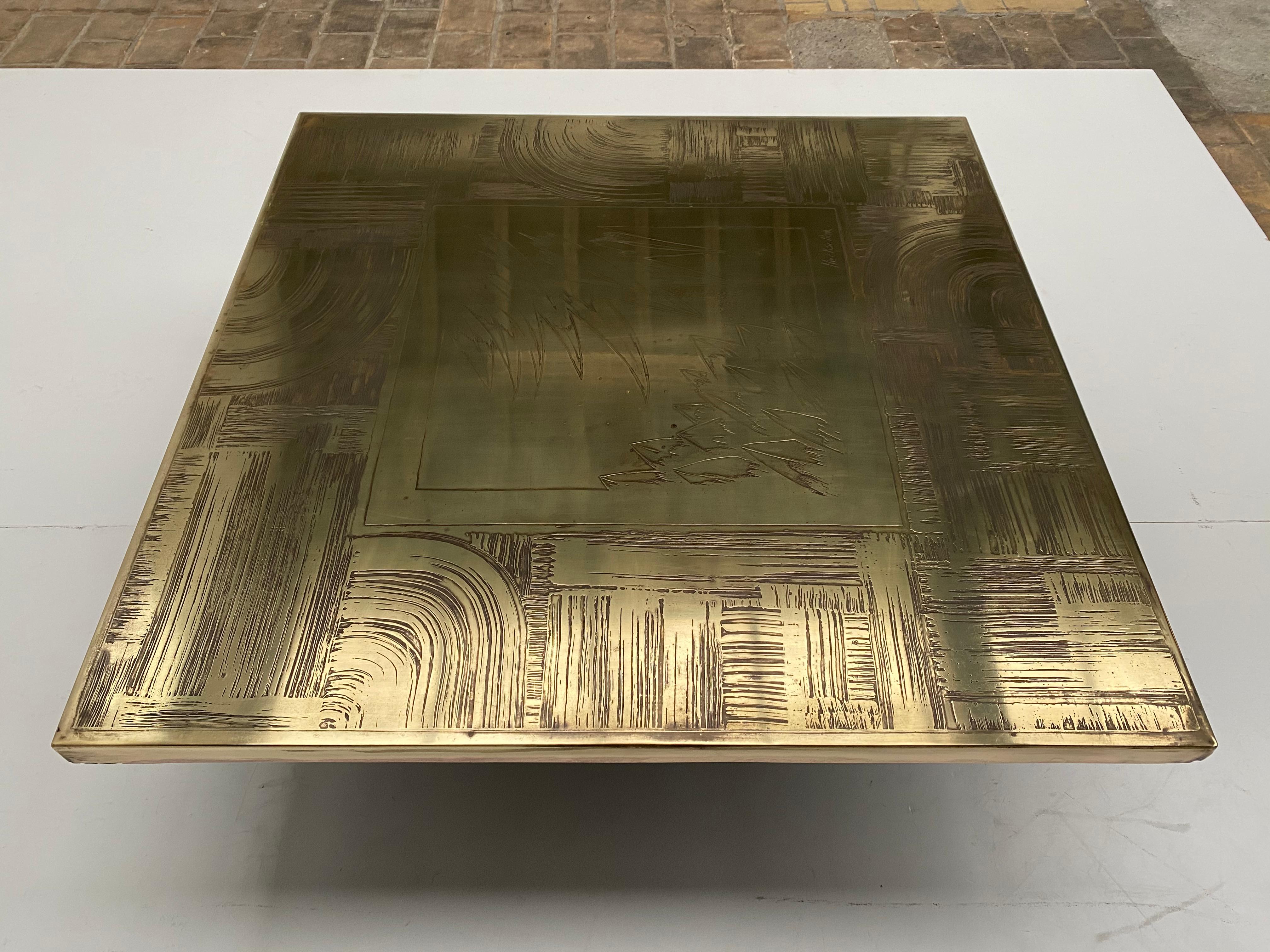 Unique Heckscher Etched Brass Abstract Artisan Made Coffee Table, Belgium 1970's 8
