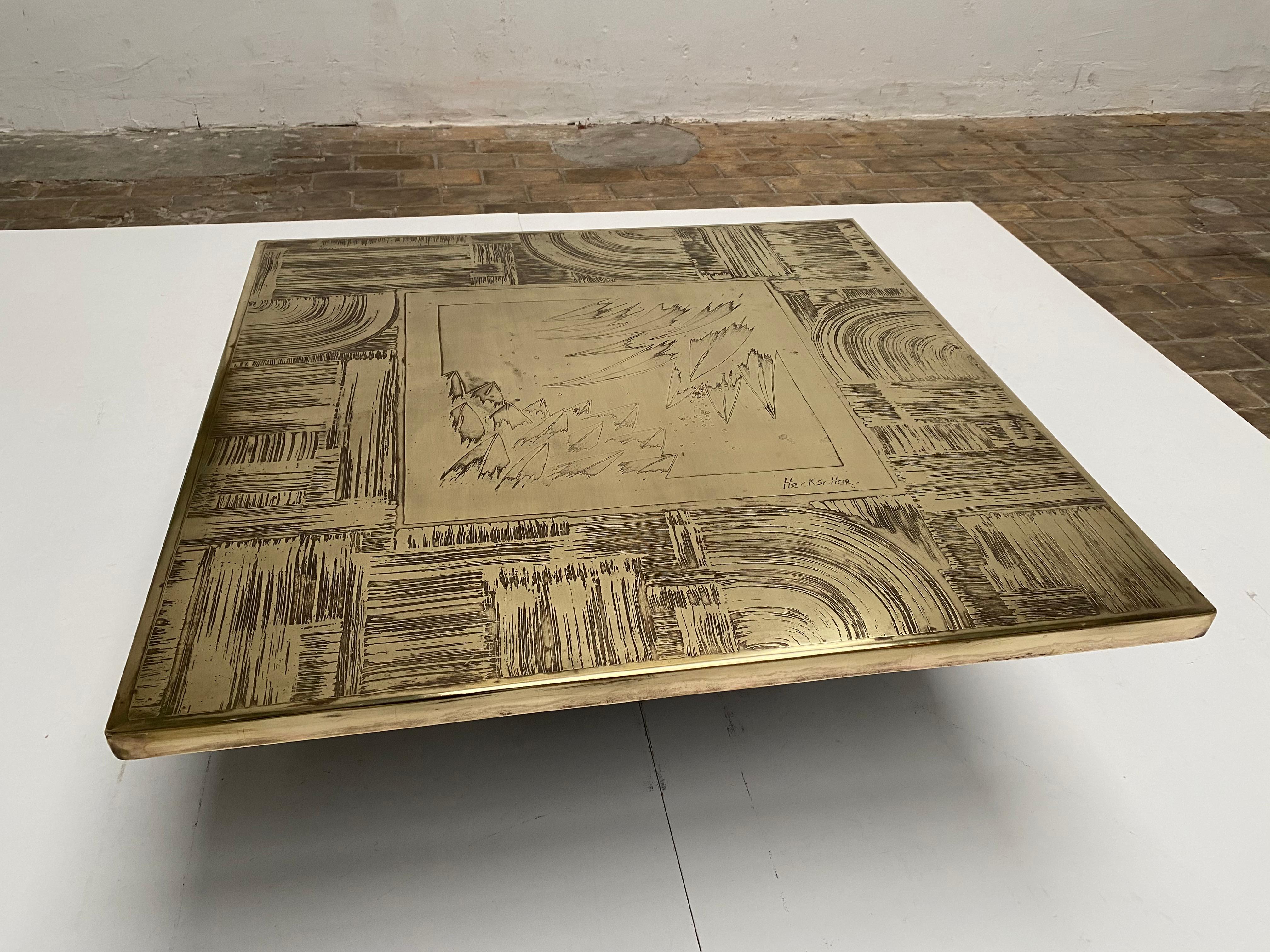 Unique Heckscher Etched Brass Abstract Artisan Made Coffee Table, Belgium 1970's 10