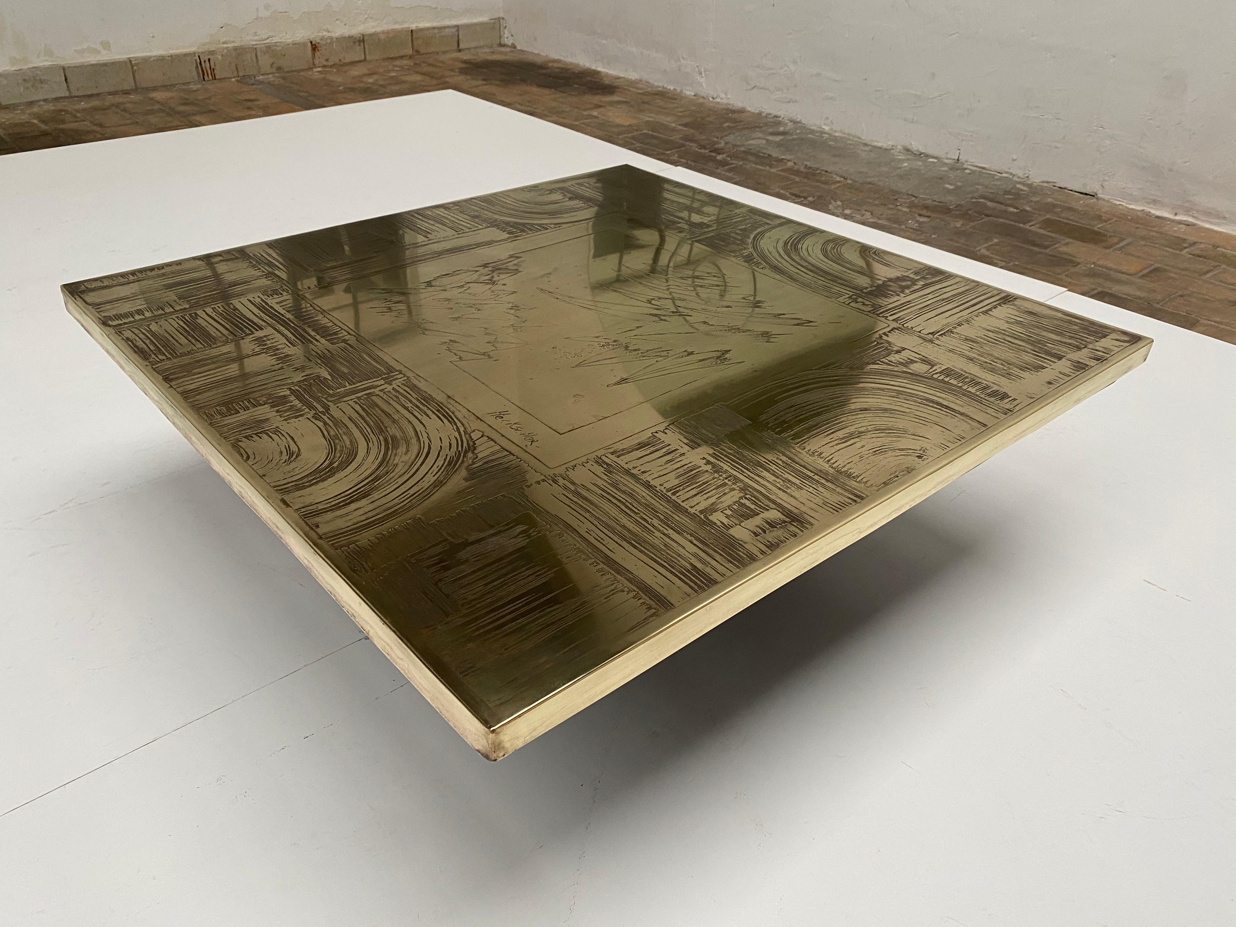 Mid-Century Modern Unique Heckscher Etched Brass Abstract Artisan Made Coffee Table, Belgium 1970's