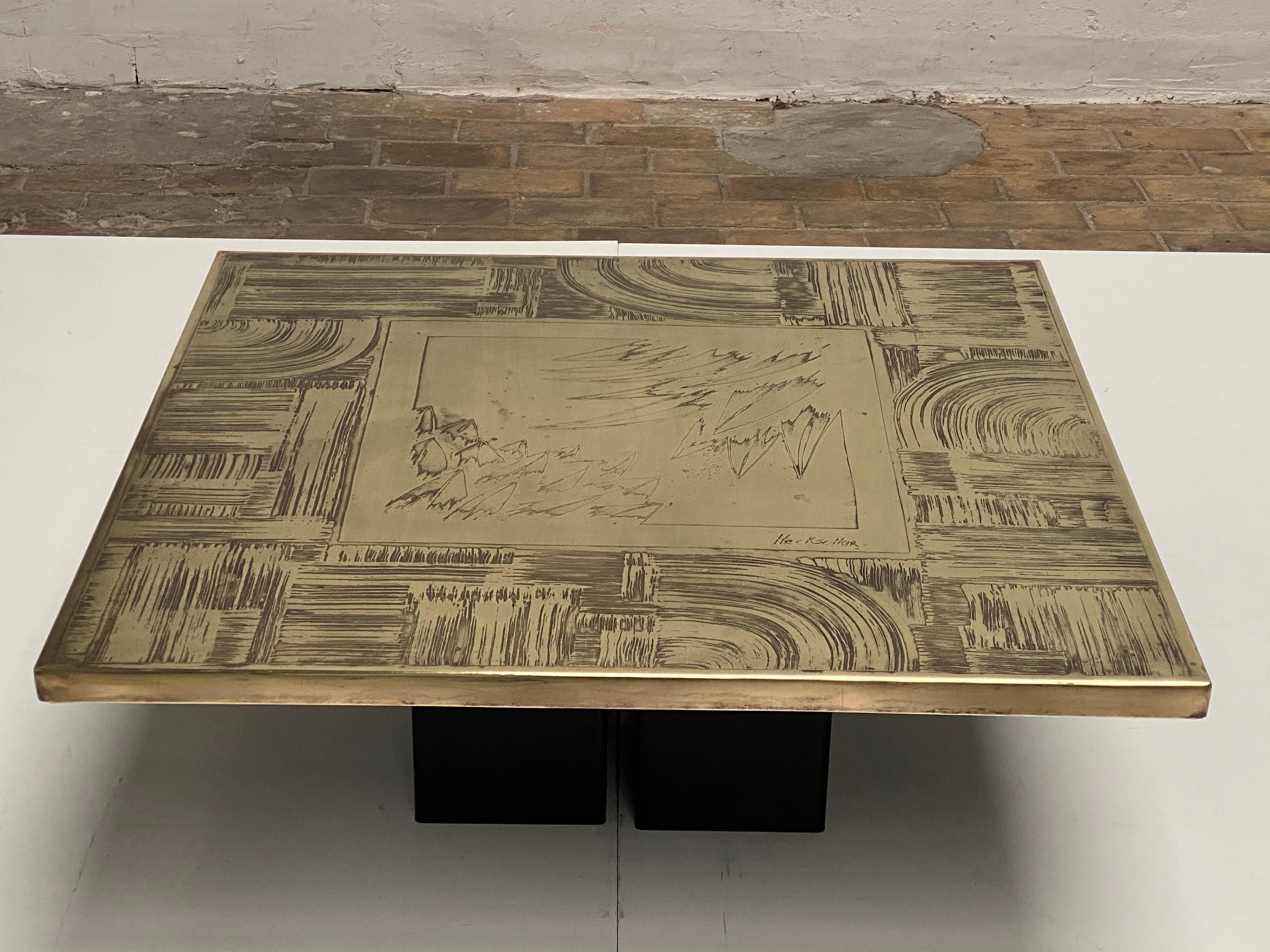 Enameled Unique Heckscher Etched Brass Abstract Artisan Made Coffee Table, Belgium 1970's