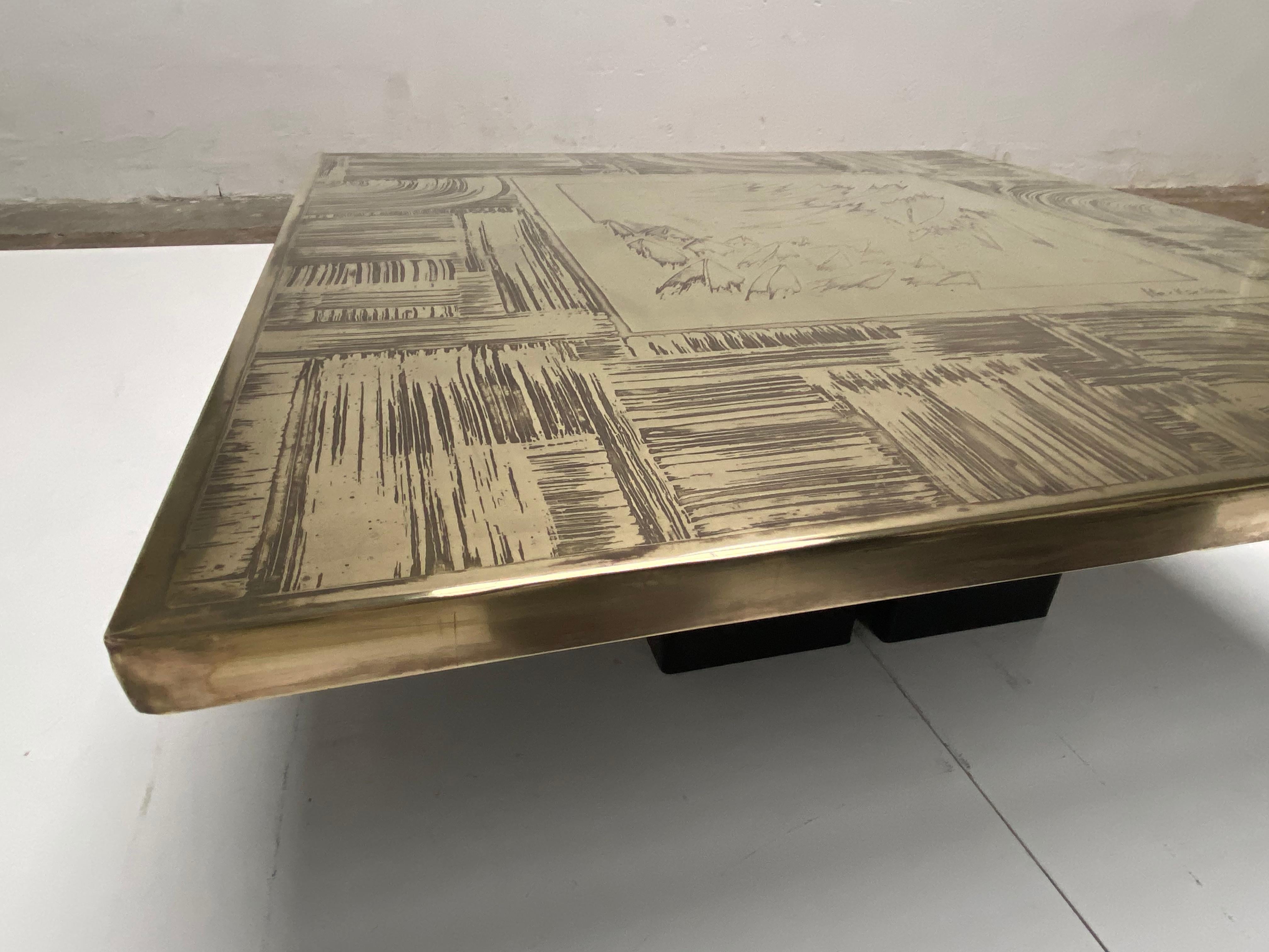Unique Heckscher Etched Brass Abstract Artisan Made Coffee Table, Belgium 1970's In Good Condition In bergen op zoom, NL